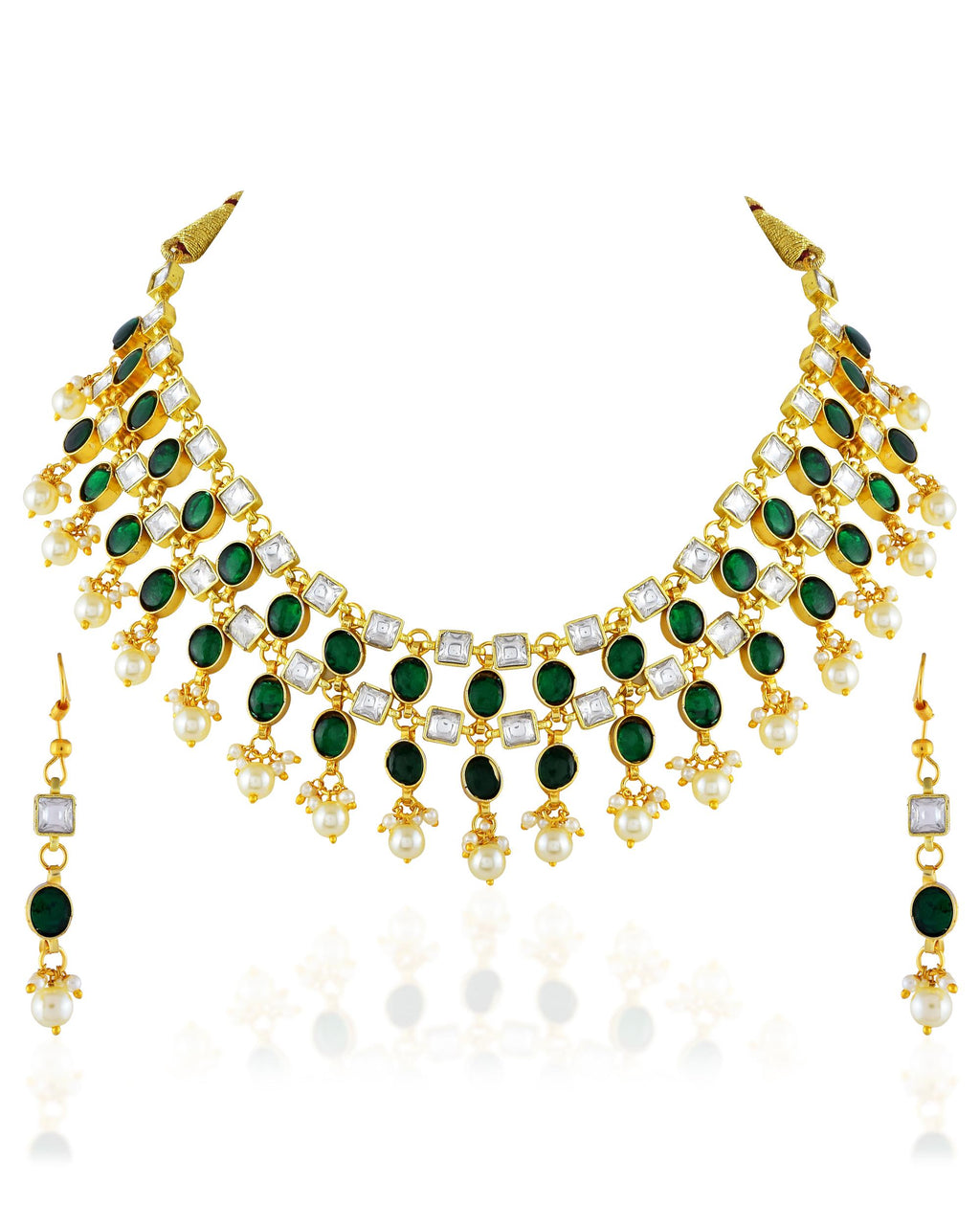 Emerald Green Kundan Style Bridal Necklace Set with Pearl Drop Earrings