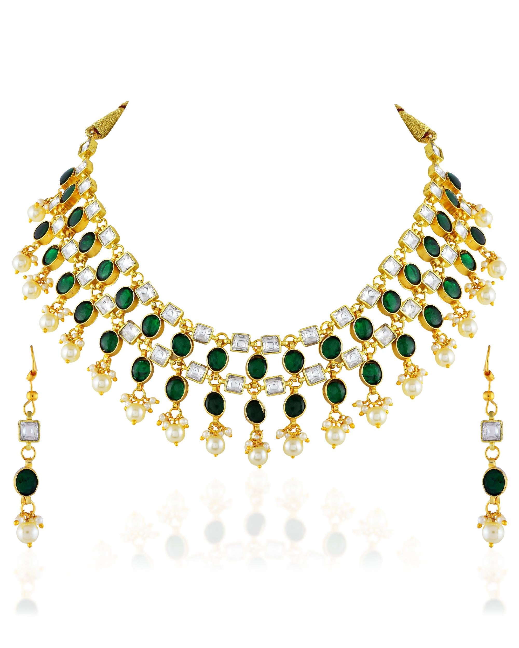 Emerald Green Kundan Style Bridal Necklace Set with Pearl Drop Earrings