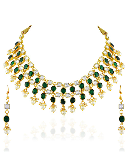 Smaragdgrünes Braut-Collier-Set im Kundan-Stil mit perlenbesetzten Ohrringen