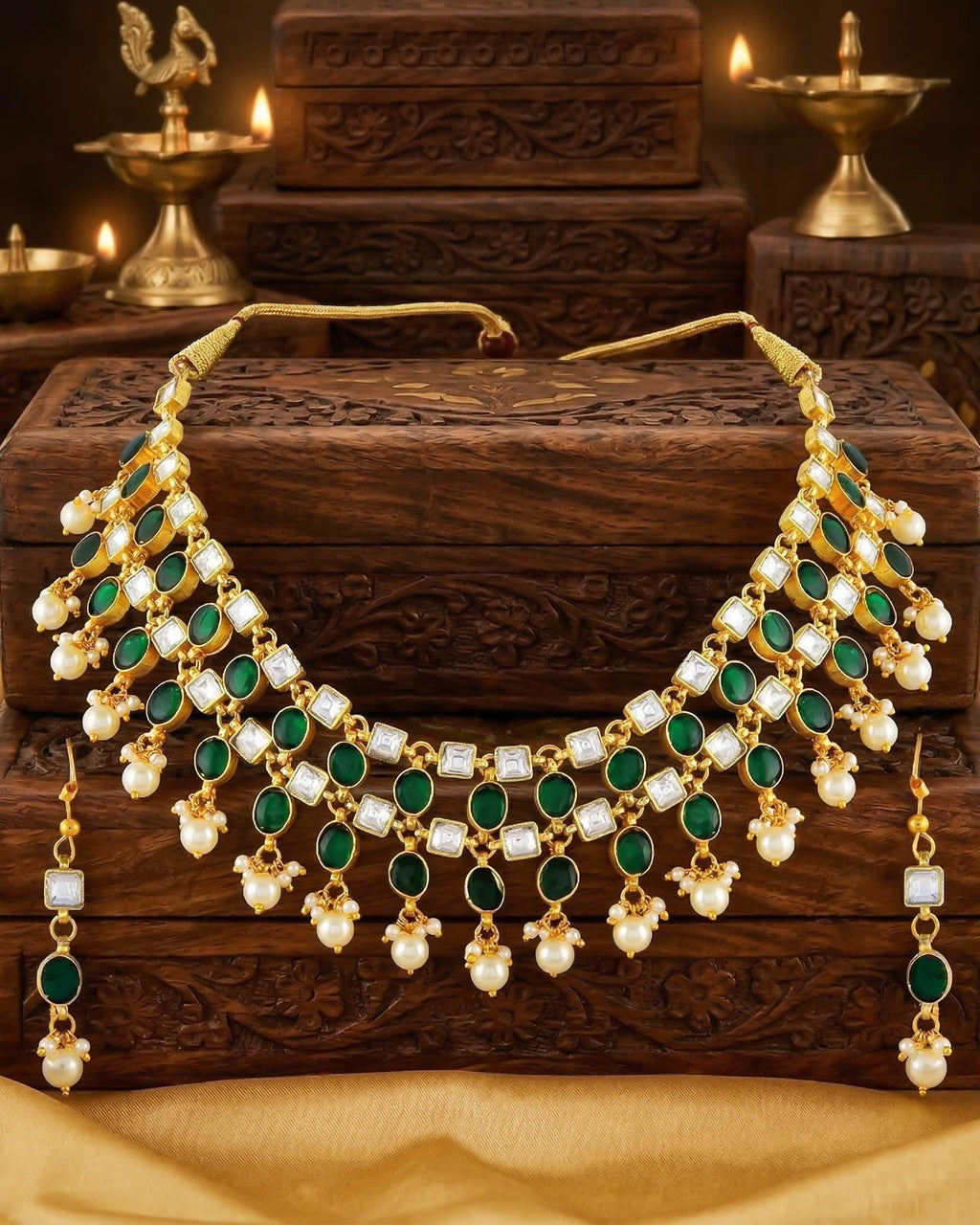 Emerald Green Kundan Style Bridal Necklace Set with Pearl Drop Earrings