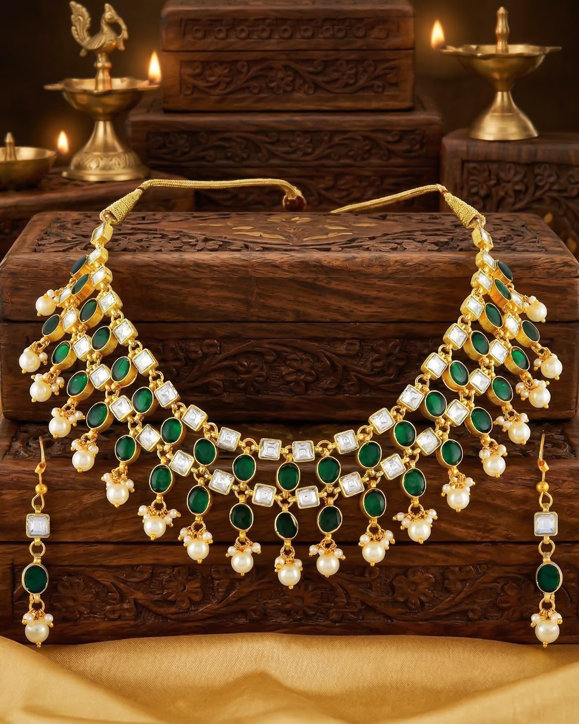 Emerald Green Kundan Style Bridal Necklace Set with Pearl Drop Earrings
