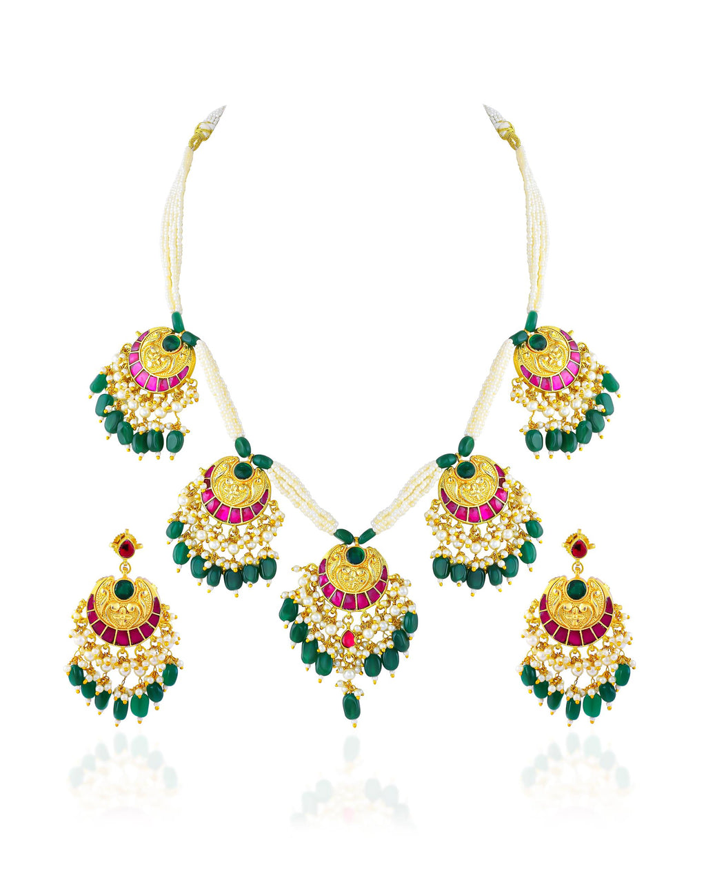 Royal Crescent Kundan Necklace Set | Pink Green Enamel Bridal Jewelry