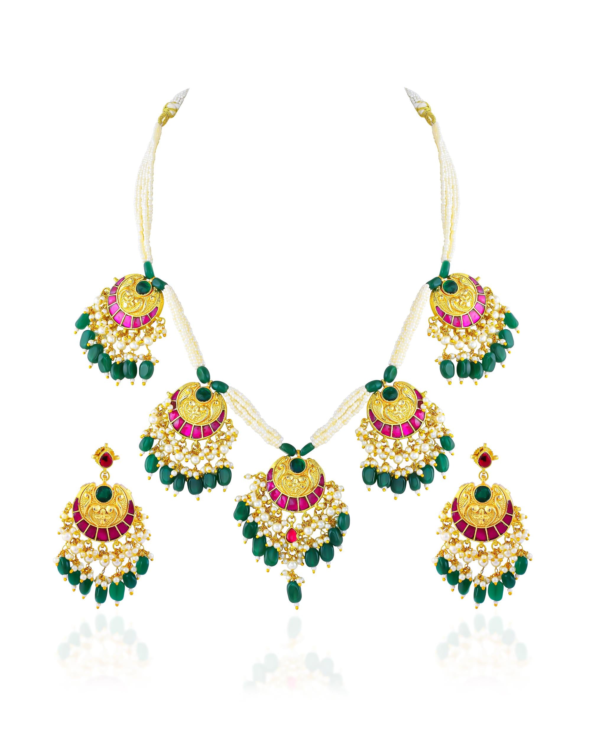 Royal Crescent Kundan Necklace Set | Pink Green Enamel Bridal Jewelry