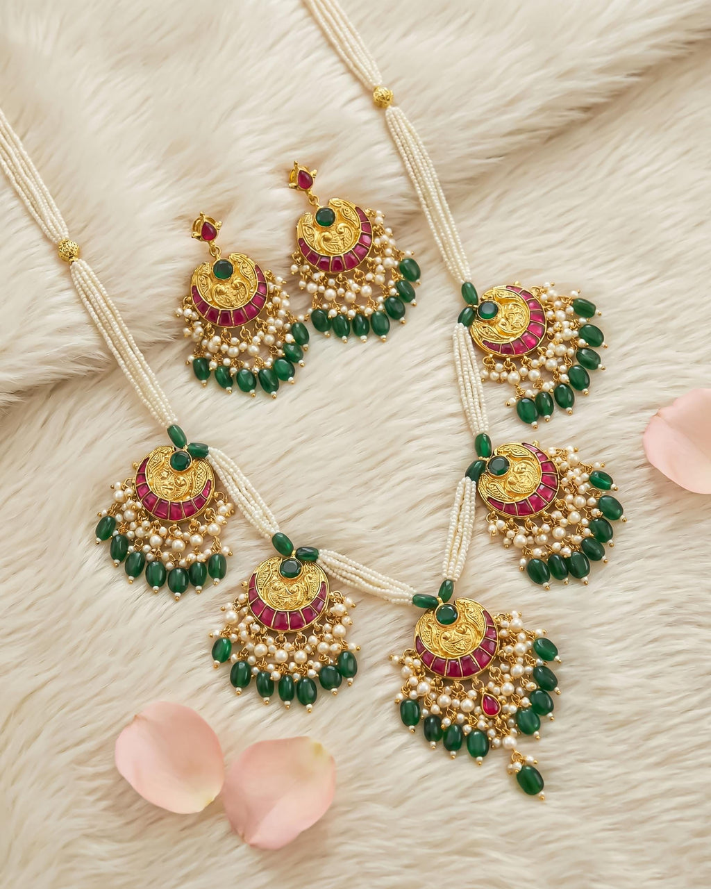 Royal Crescent Kundan Necklace Set | Pink Green Enamel Bridal Jewelry