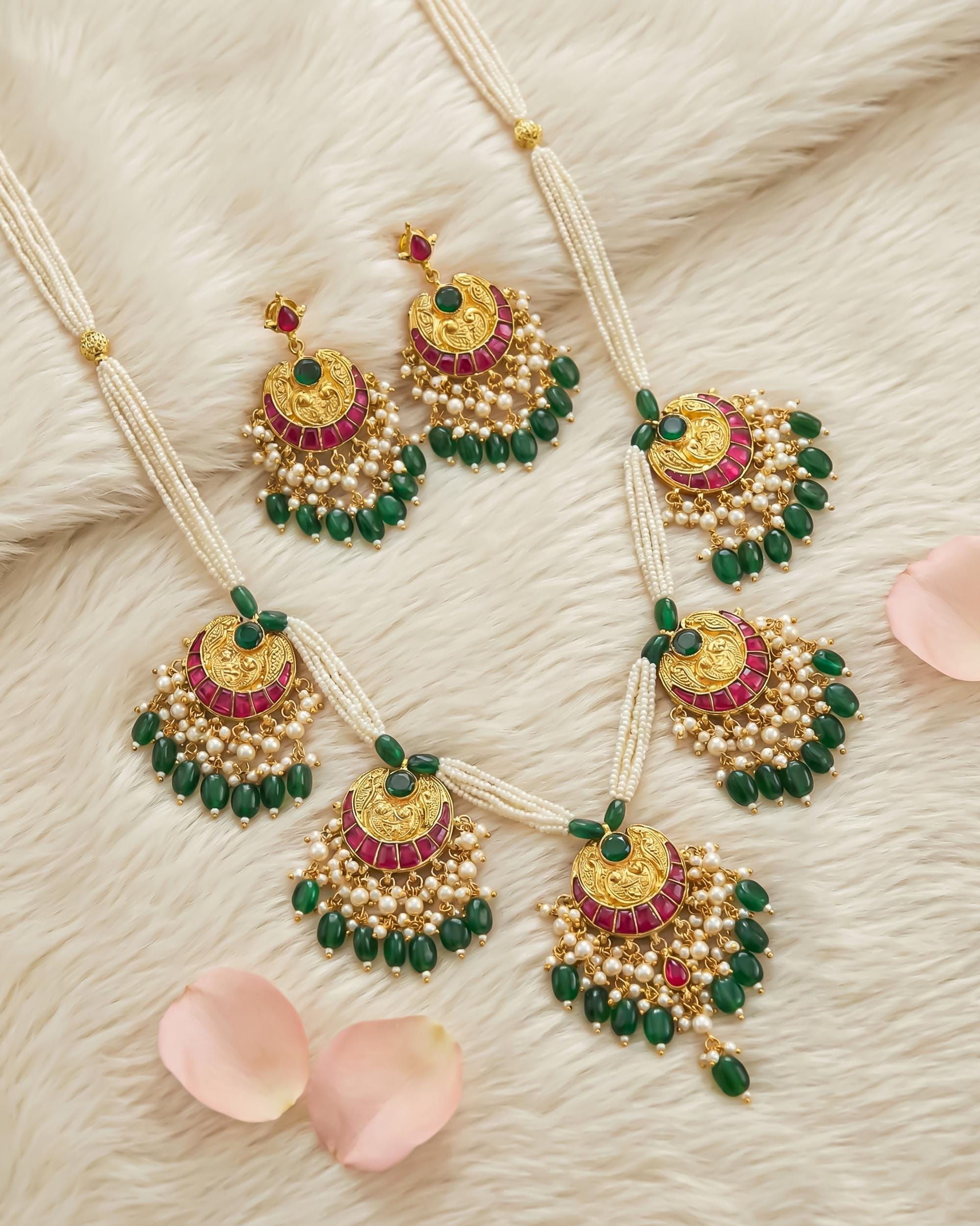 Royal Crescent Kundan Necklace Set | Pink Green Enamel Bridal Jewelry