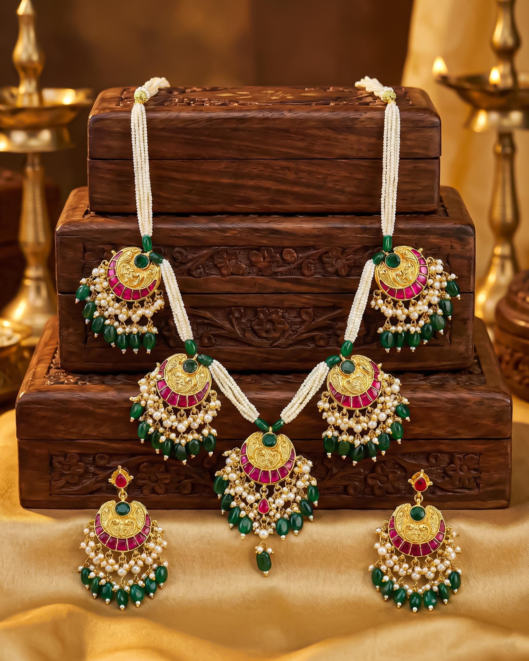 Royal Crescent Kundan Necklace Set | Pink Green Enamel Bridal Jewelry
