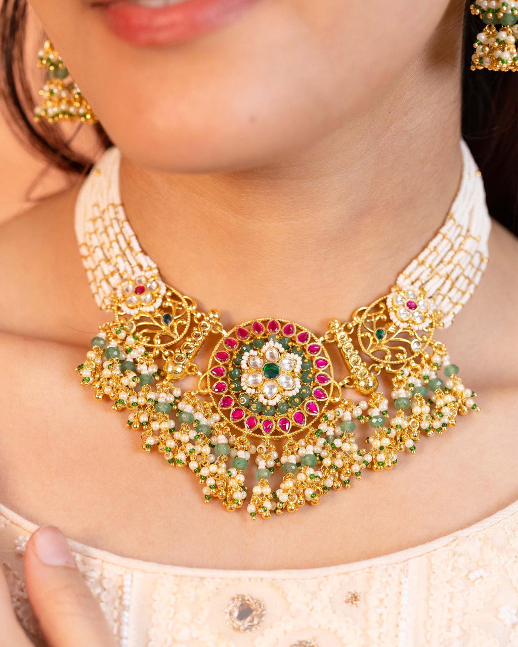 Handcrafted Peacock Kundan Pendant Necklace Set with Pearl Mala and Jhumka Earrings
