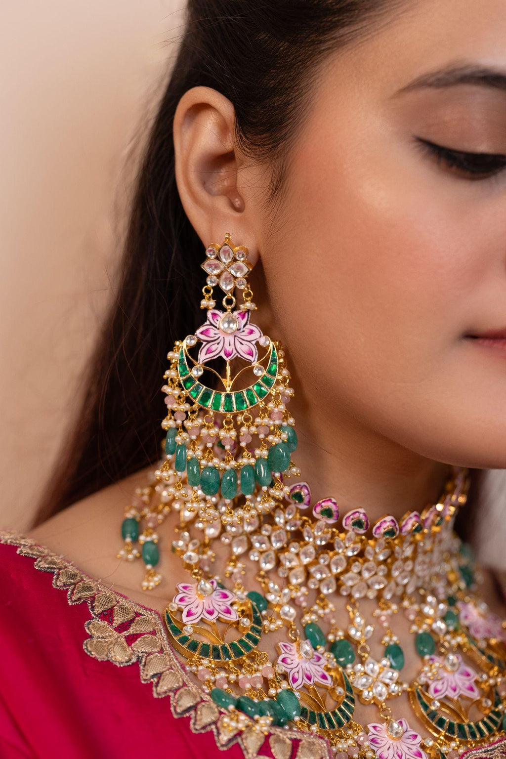 Handcrafted Kamal Meenakari Kundan Choker Set | Mint Emerald Beads, Pink Lotus Enamel, Bridal Necklace