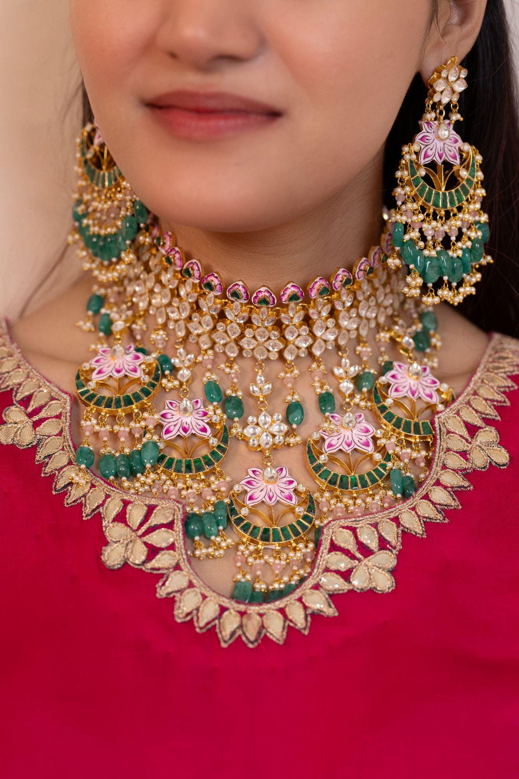 Handcrafted Kamal Meenakari Kundan Choker Set | Mint Emerald Beads, Pink Lotus Enamel, Bridal Necklace