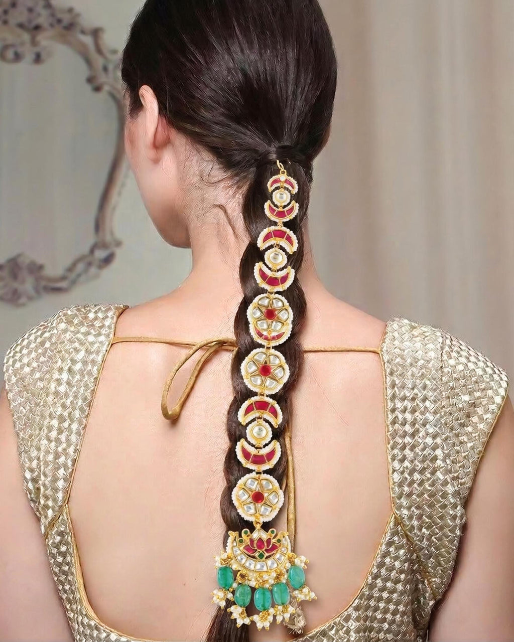 bridal chotti Gold-Tone Chotti Hair Accessory | Indian Bridal Jada Billa, Pink Green Stones