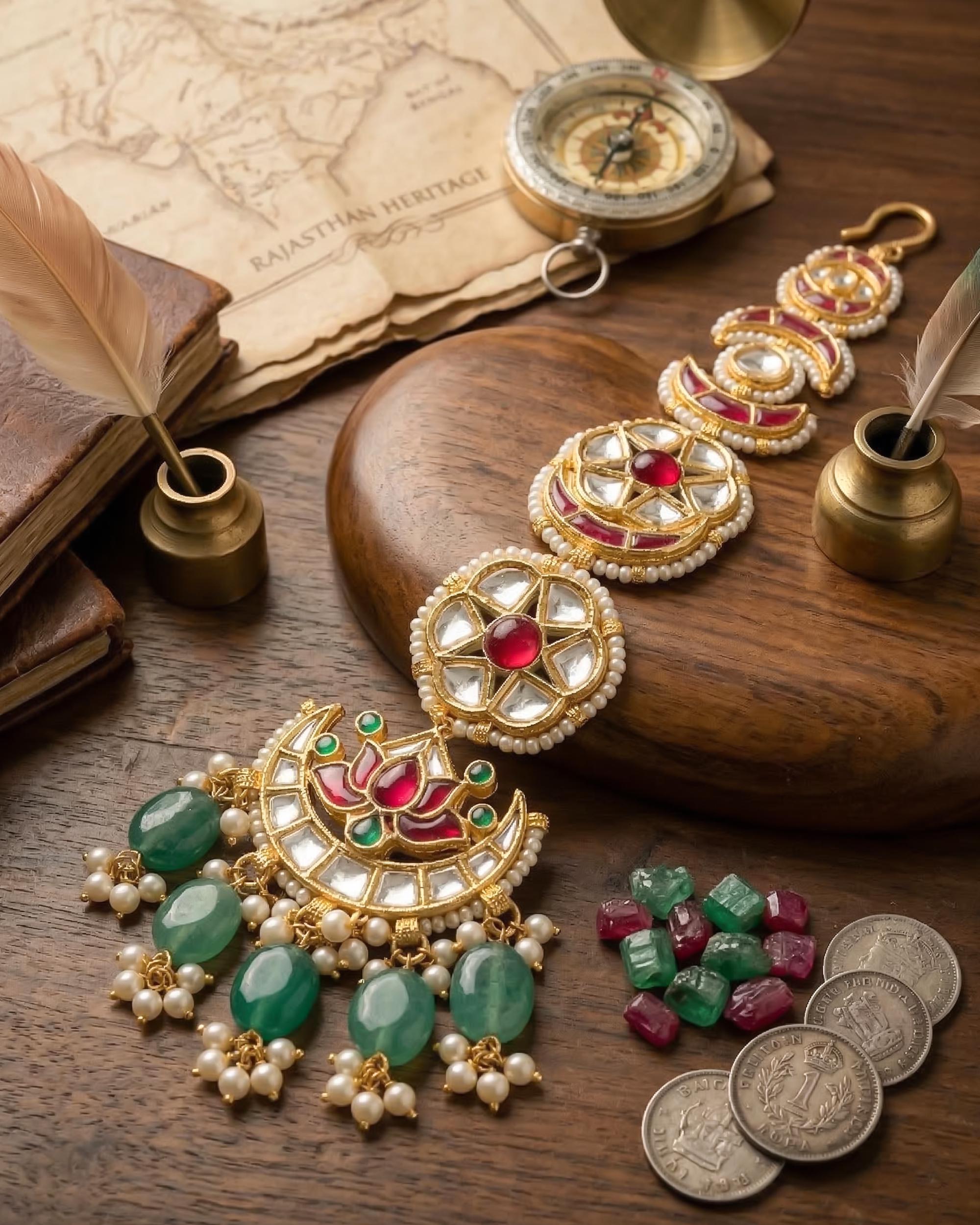 bridal chotti Gold-Tone Chotti Hair Accessory | Indian Bridal Jada Billa, Pink Green Stones