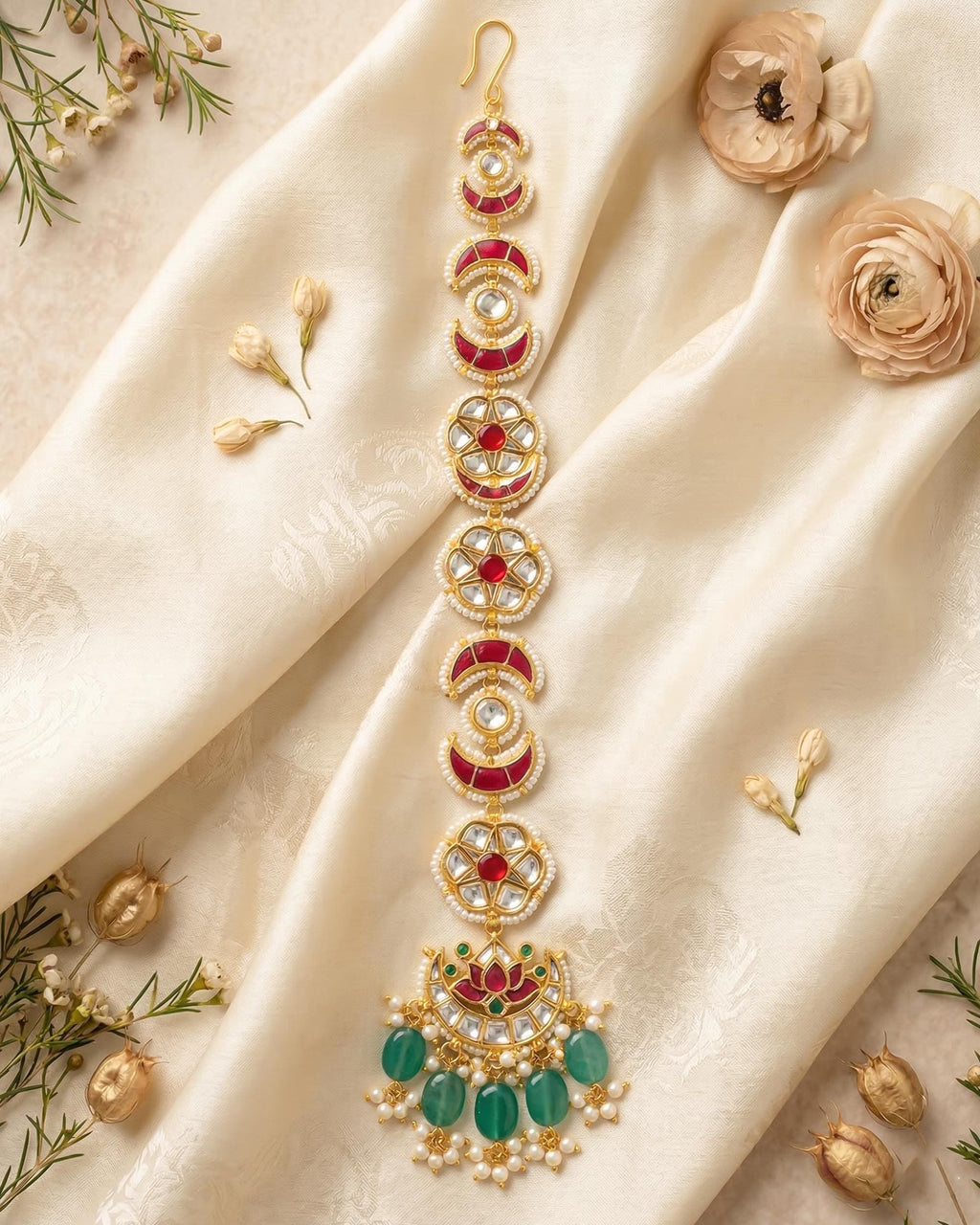 bridal chotti Gold-Tone Chotti Hair Accessory | Indian Bridal Jada Billa, Pink Green Stones