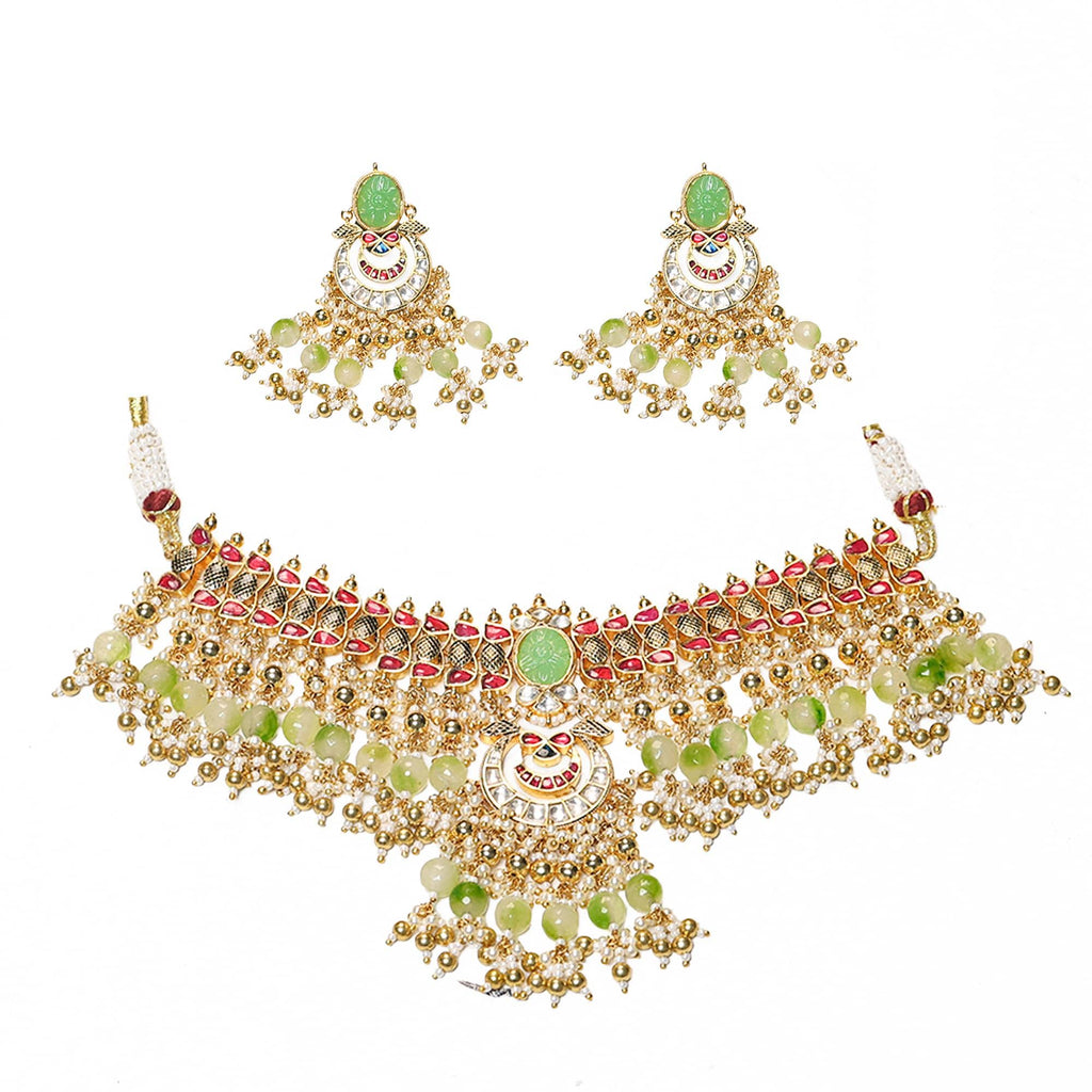 Carved Mint Stone Kundan Choker Set | Traditional Indian Bridal Necklace with Pastel Beads