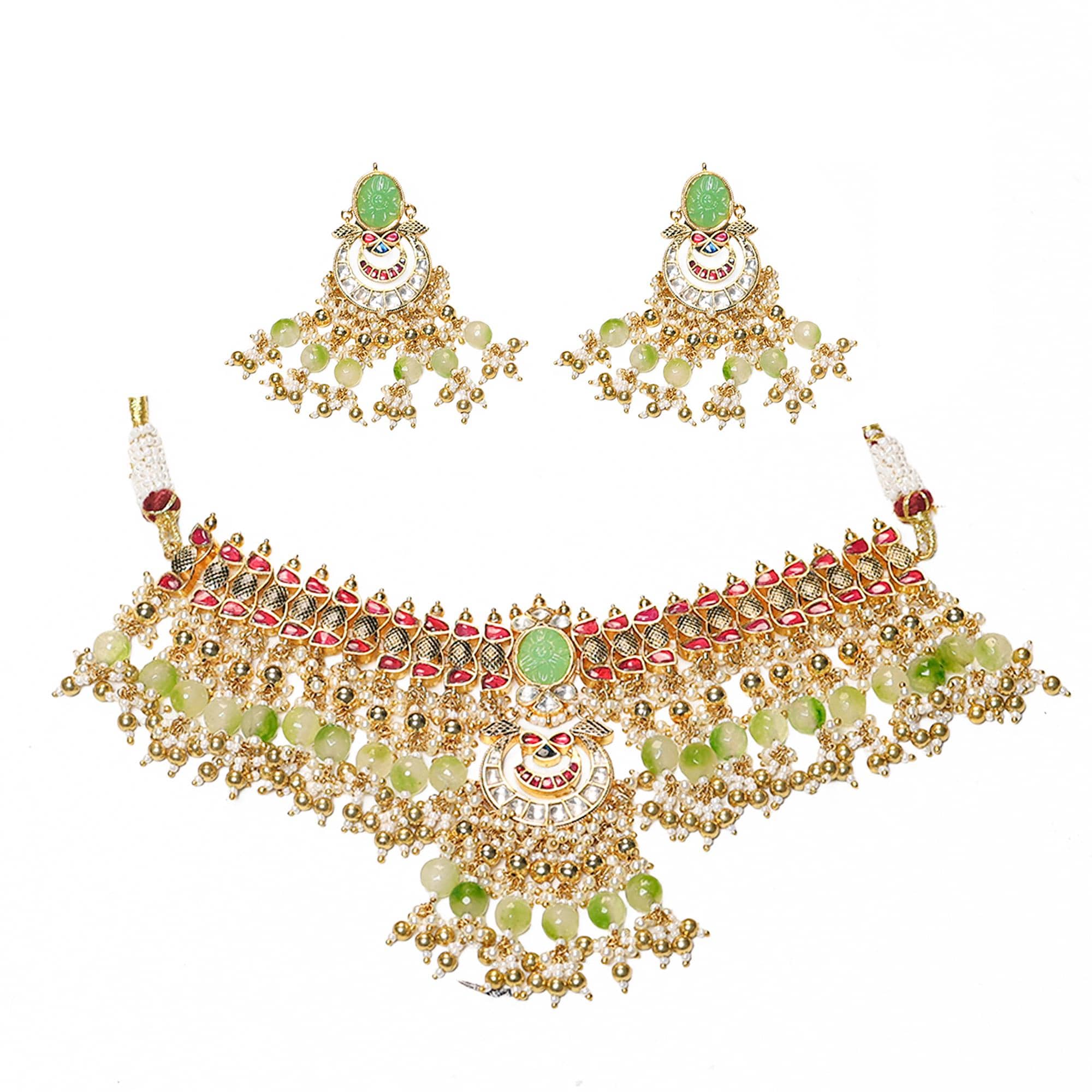 Carved Mint Stone Kundan Choker Set | Traditional Indian Bridal Necklace with Pastel Beads