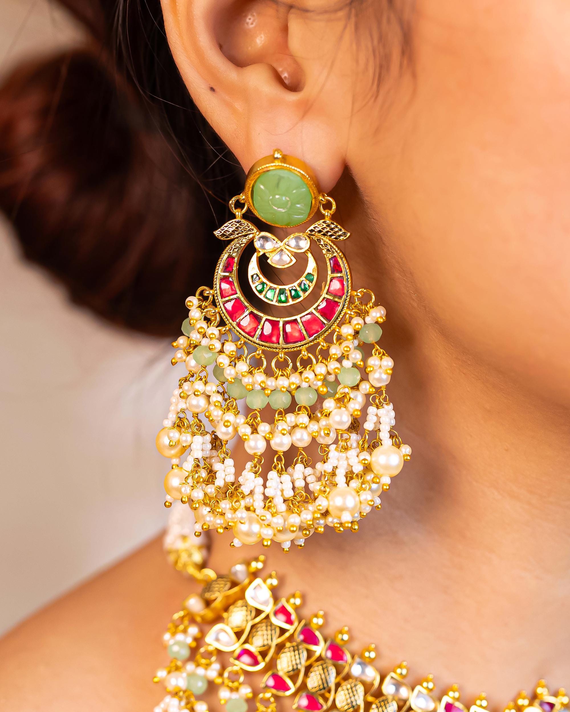 Carved Mint Stone Kundan Choker Set | Traditional Indian Bridal Necklace with Pastel Beads