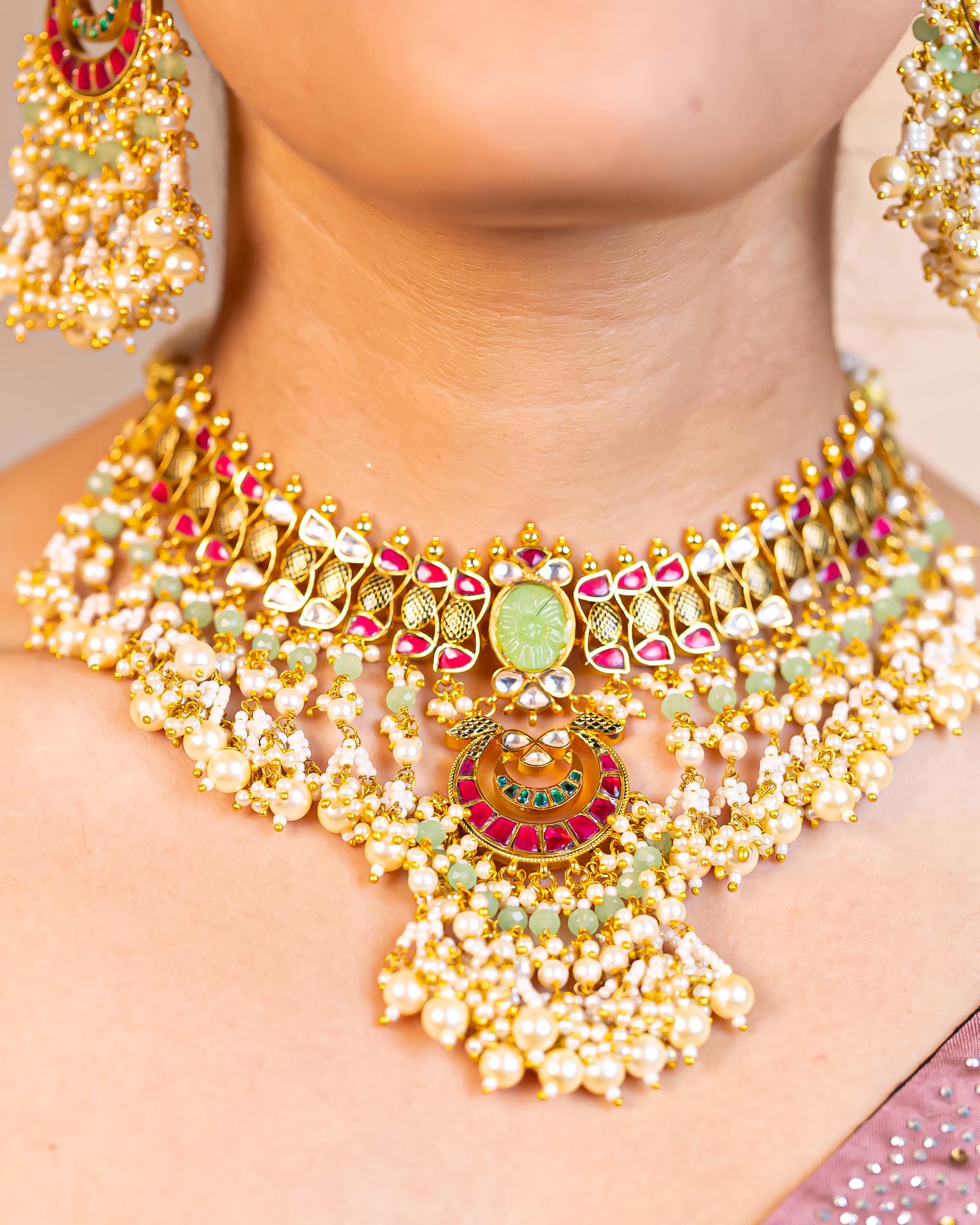 Carved Mint Stone Kundan Choker Set | Traditional Indian Bridal Necklace with Pastel Beads