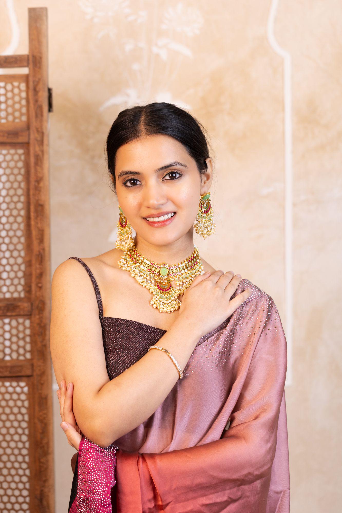 Carved Mint Stone Kundan Choker Set | Traditional Indian Bridal Necklace with Pastel Beads