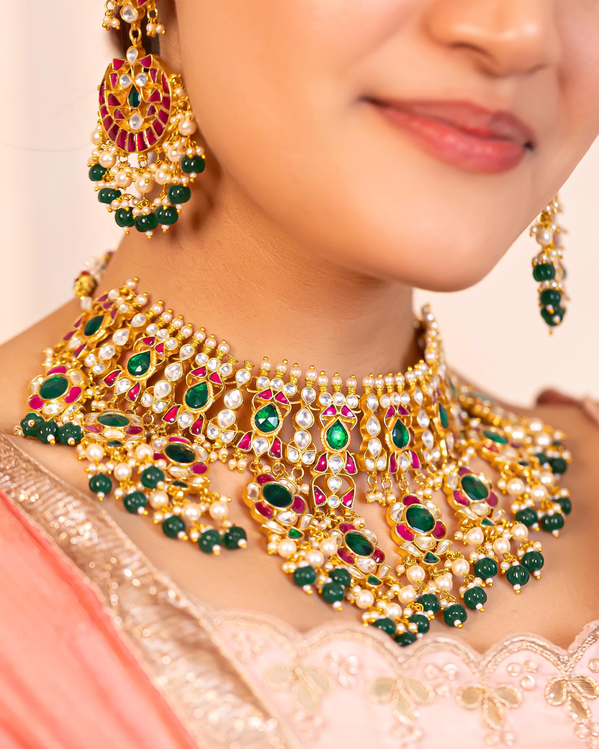 Handcrafted Kundan Choker Set: Emerald Green, Ruby Accents, Traditional Indian Bridal Necklace