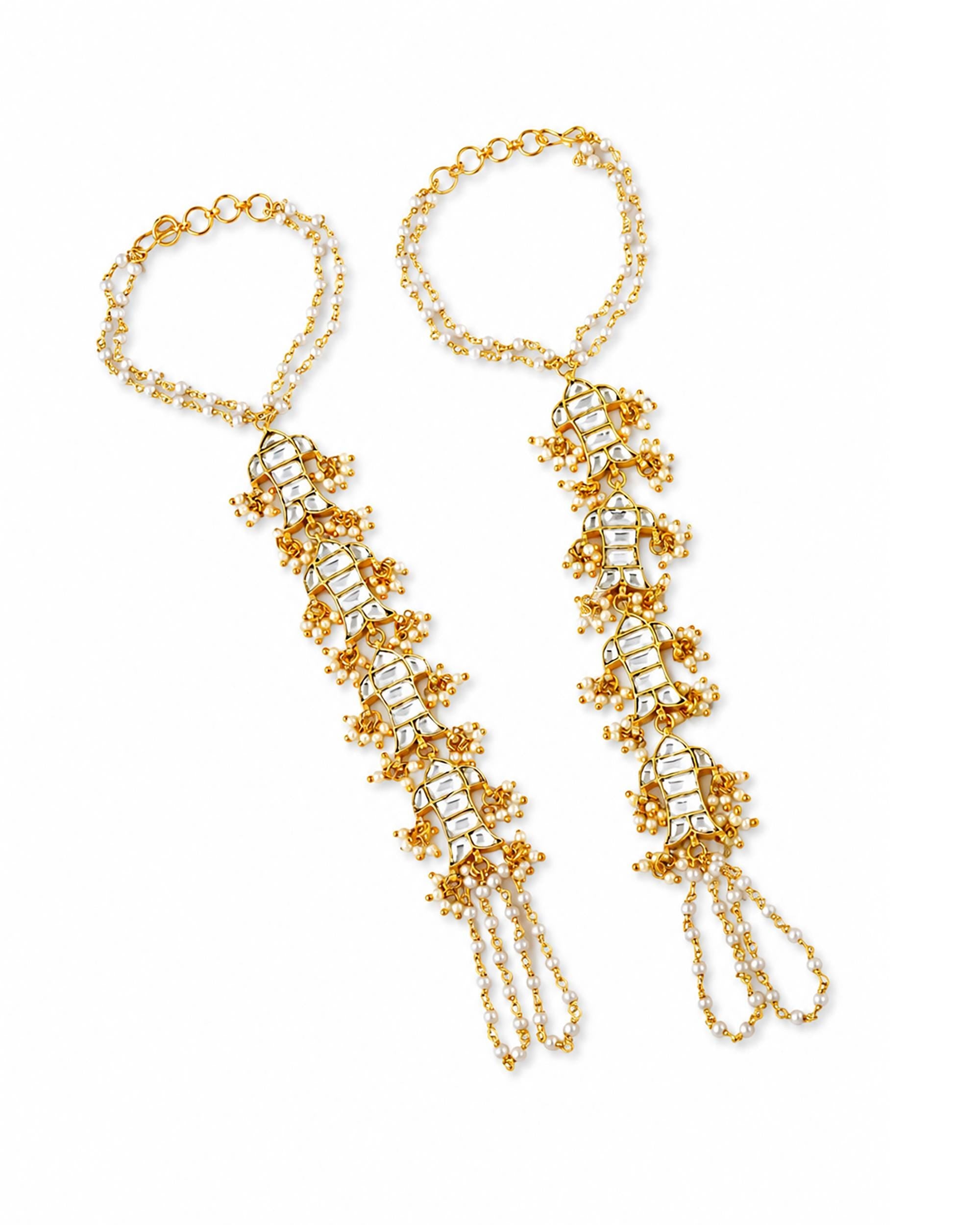 Kundan Hathphool Hand Harness | Gold-Tone Pearl Bridal Hand Jewelry