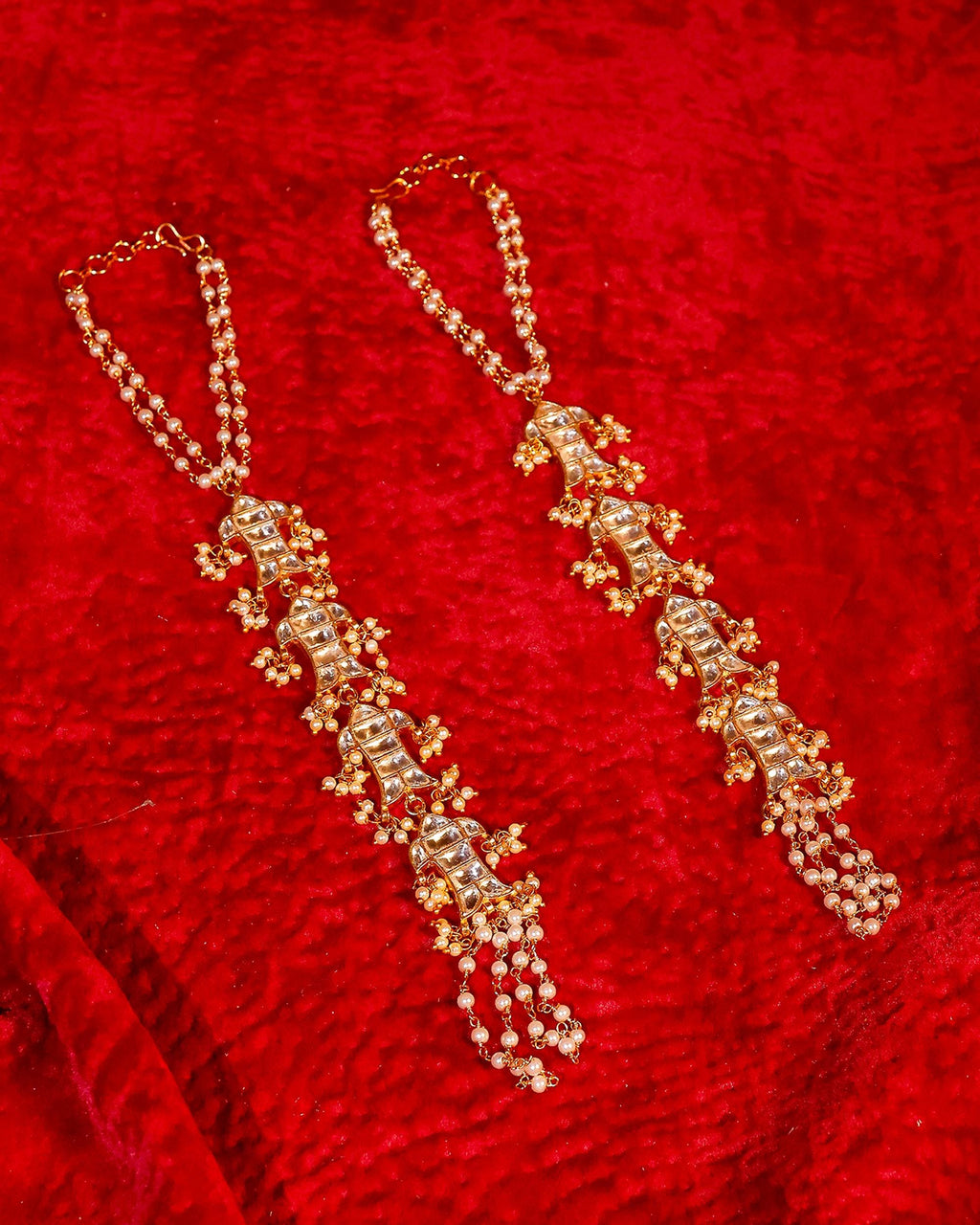 Kundan Hathphool Hand Harness | Gold-Tone Pearl Bridal Hand Jewelry