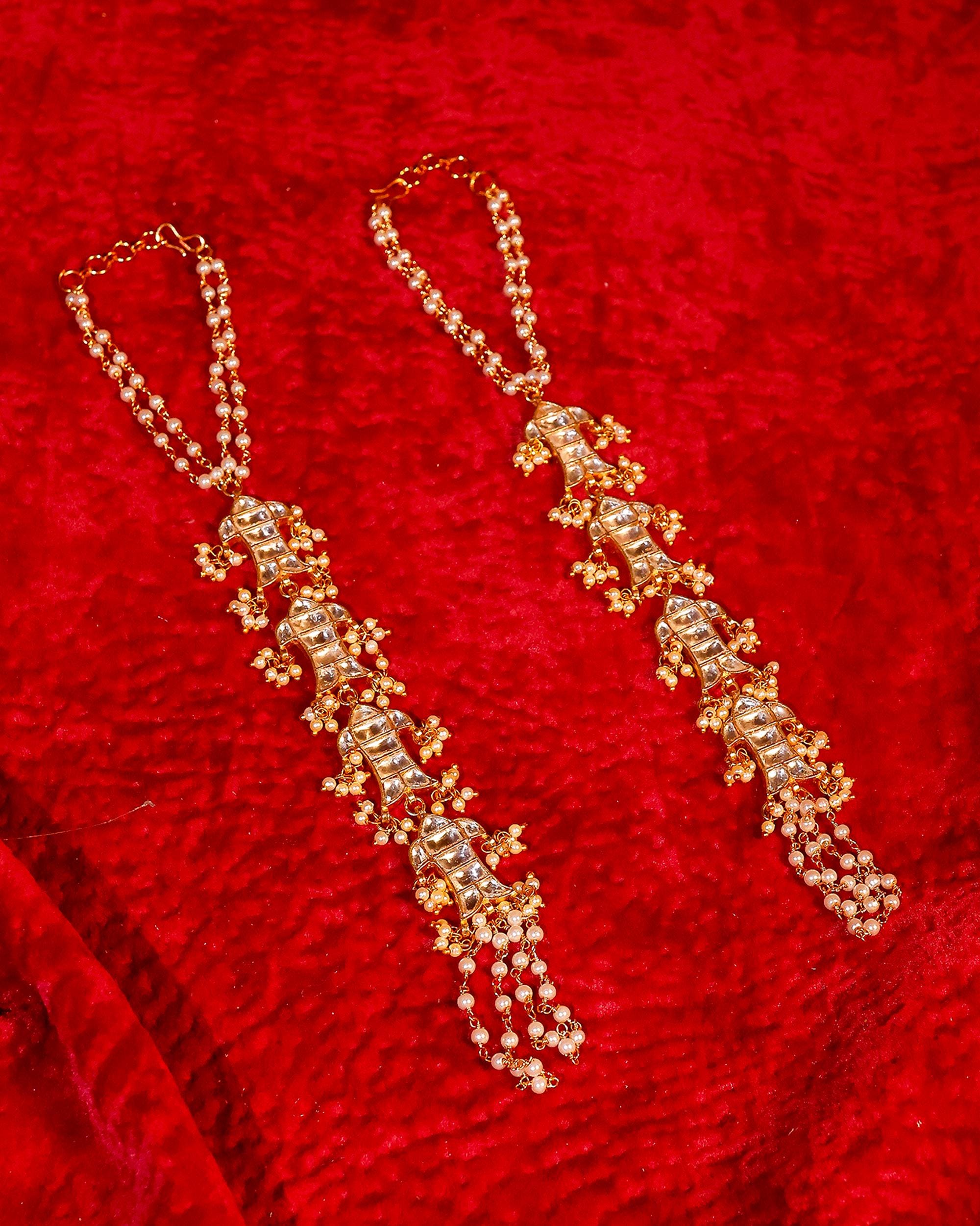 Kundan Hathphool Hand Harness | Gold-Tone Pearl Bridal Hand Jewelry