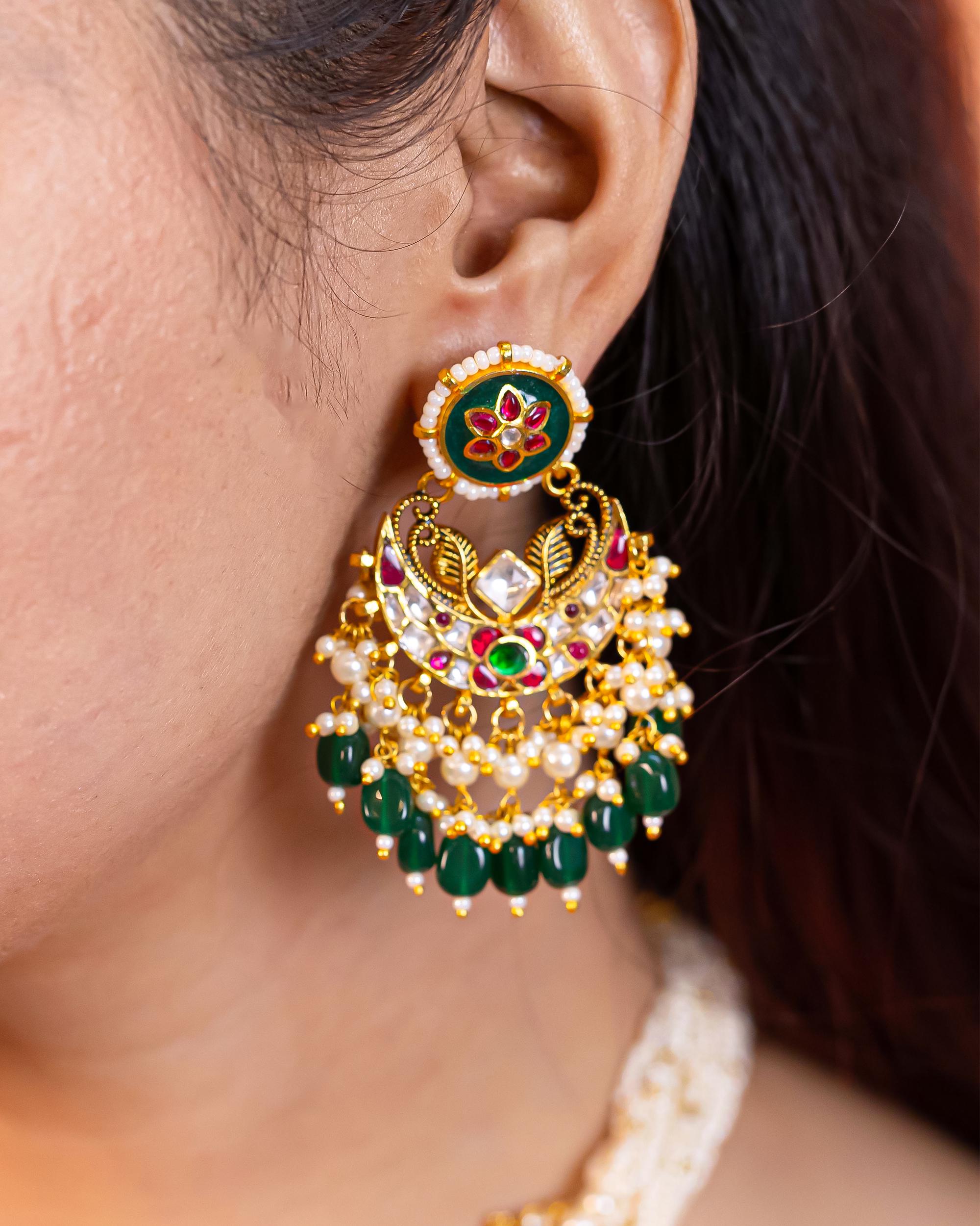 Royal Elephant Peacock Meenakari Kundan Pendant Necklace Set with Emerald Beads