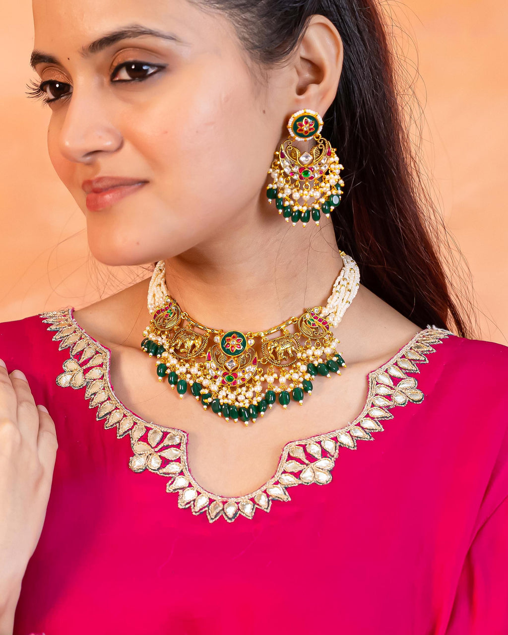 Royal Elephant Peacock Meenakari Kundan Pendant Necklace Set with Emerald Beads