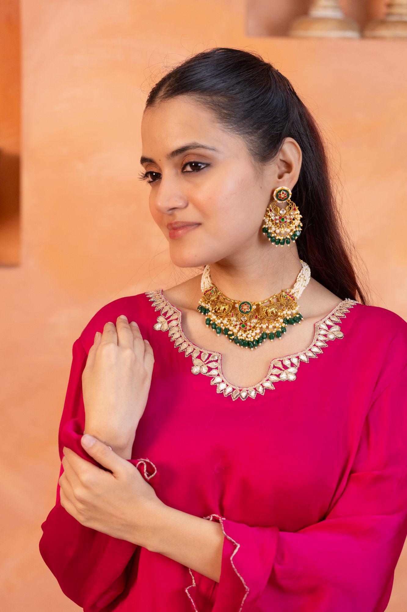 Royal Elephant Peacock Meenakari Kundan Pendant Necklace Set with Emerald Beads