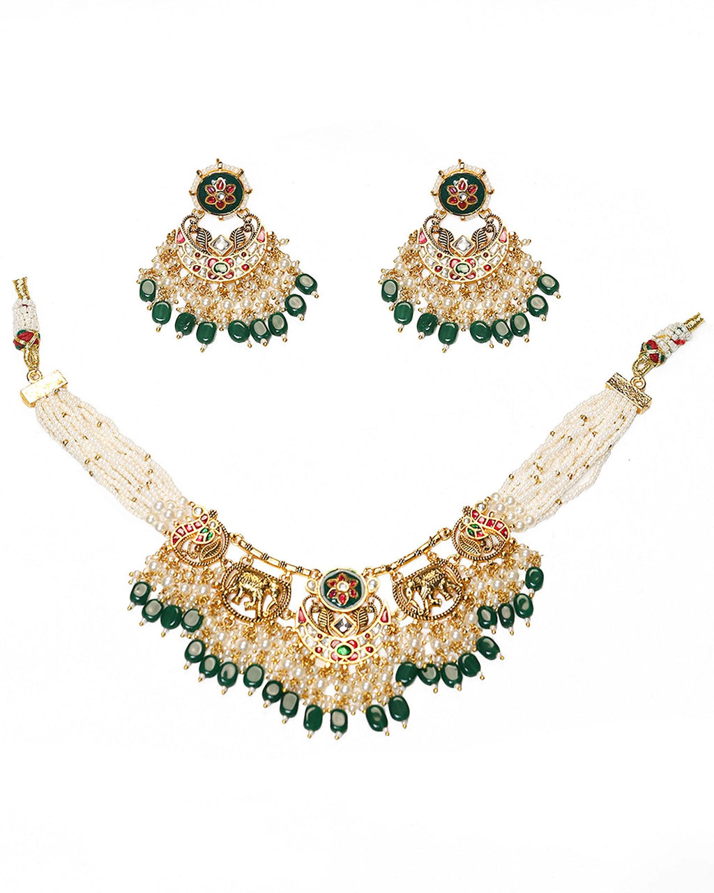 Royal Elephant Peacock Meenakari Kundan Pendant Necklace Set with Emerald Beads