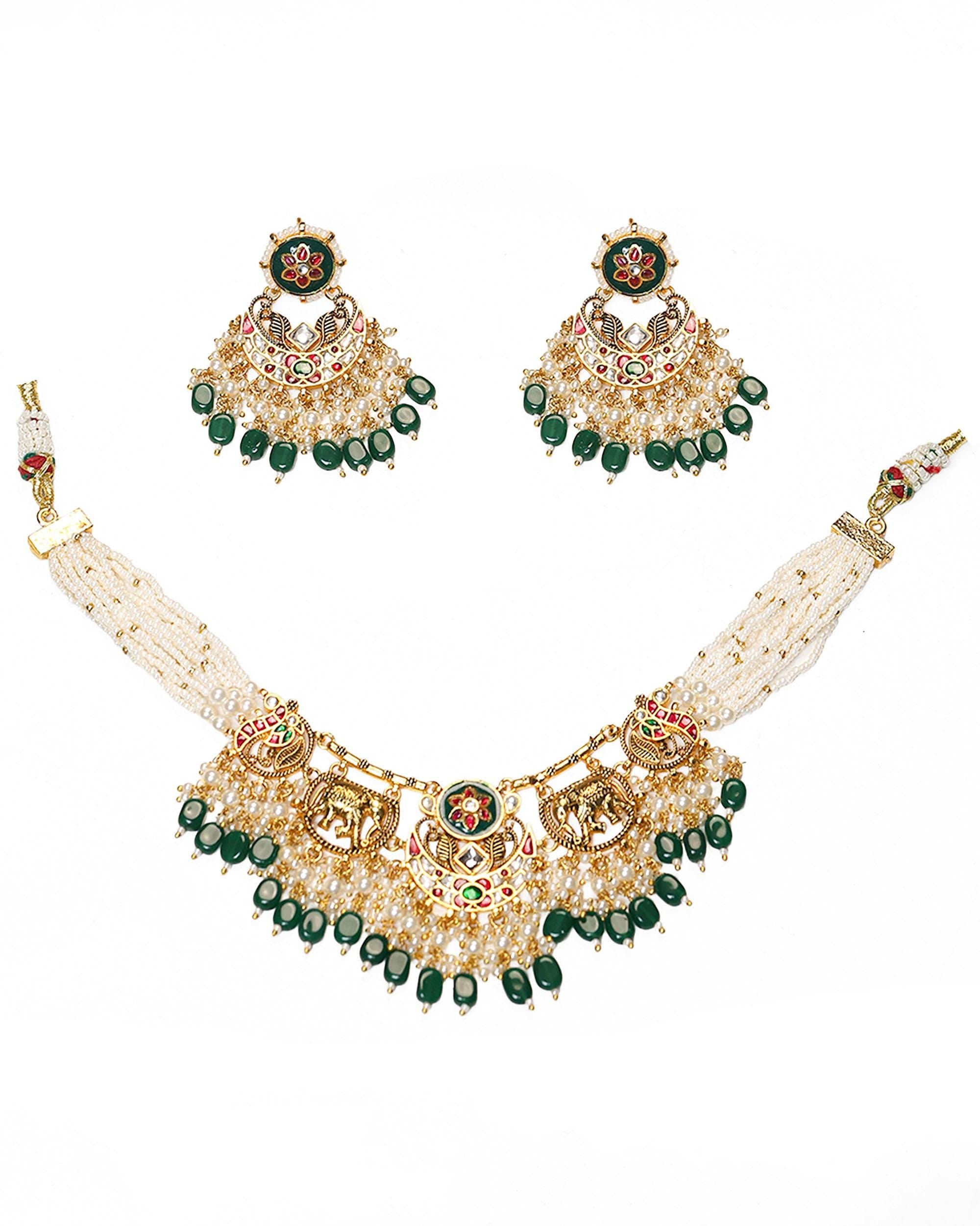 Royal Elephant Peacock Meenakari Kundan Pendant Necklace Set with Emerald Beads