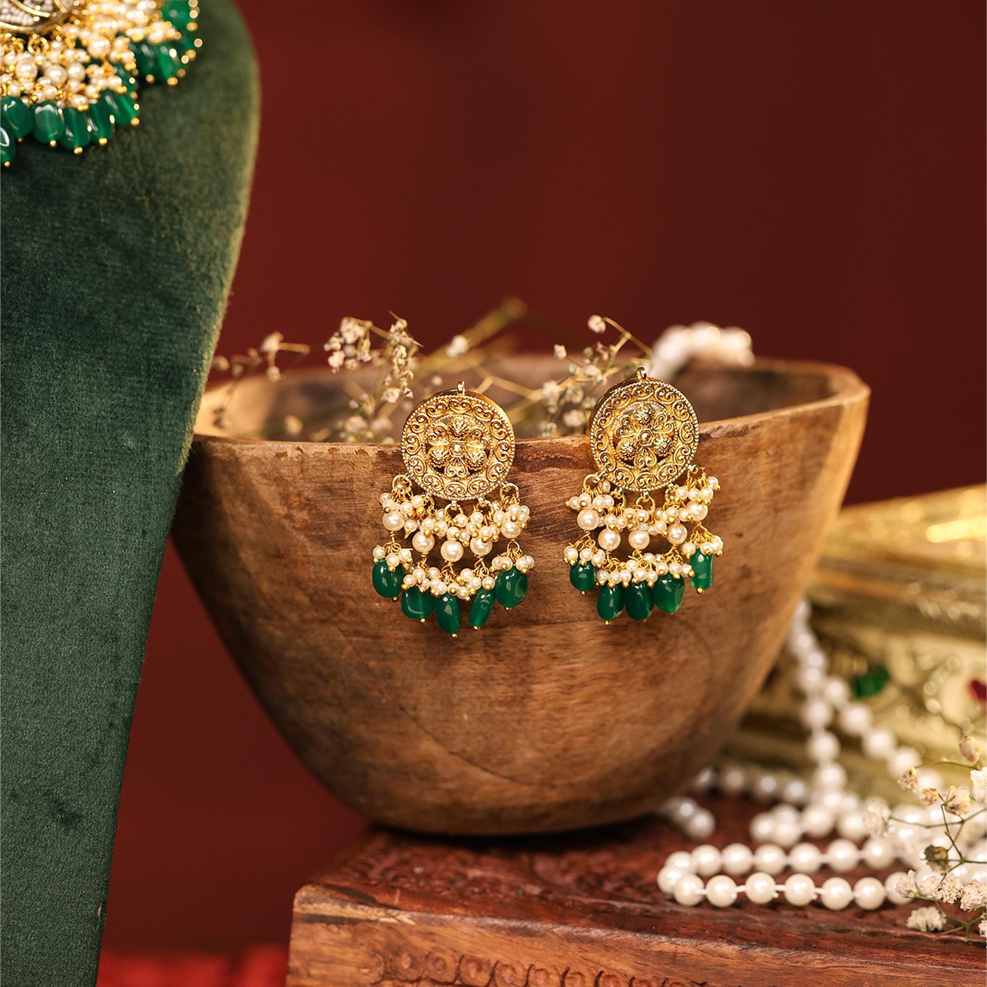 Handcrafted Peacock Choker Necklace Set with Jhumka Earrings, Kundan Pearl Emerald Bridal Jewelry