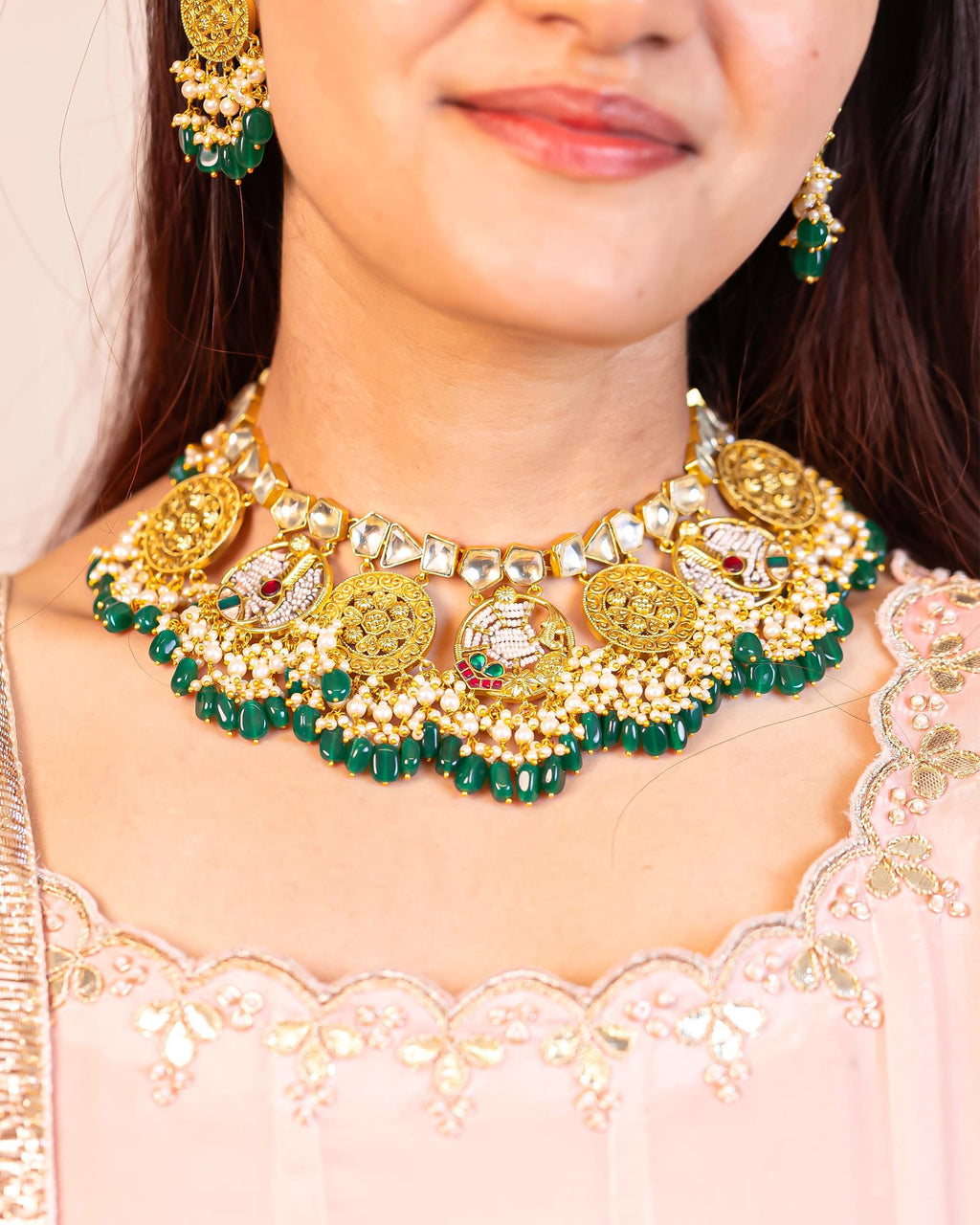 Handcrafted Peacock Choker Necklace Set with Jhumka Earrings, Kundan Pearl Emerald Bridal Jewelry