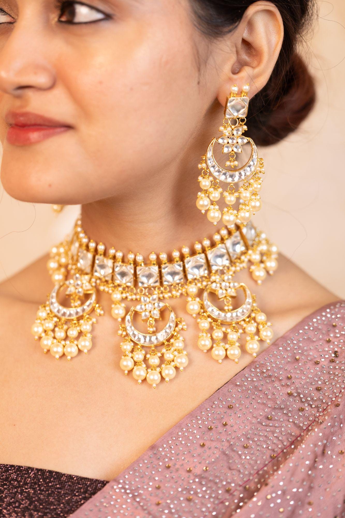 Regal Chandbali Kundan Choker Necklace Set with Pearl Drop Earrings