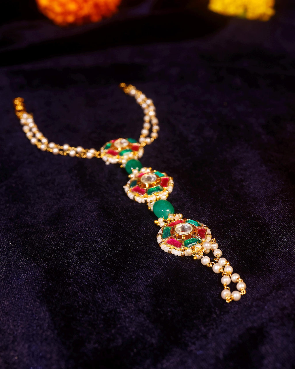 Gold Tone Kundan Style Hathphool Hand Harness | Bridal Indian Wedding Jewelry