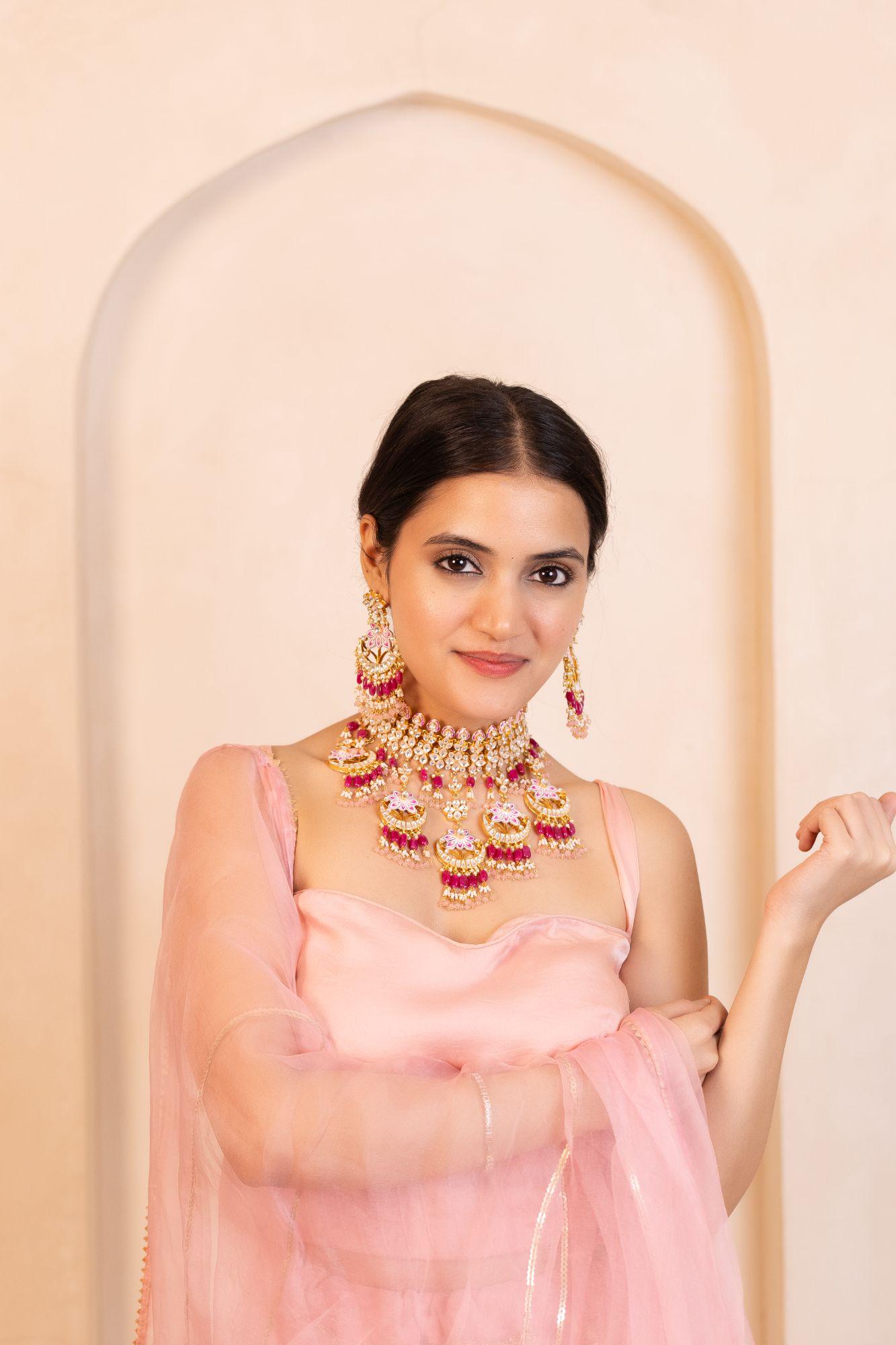 Hand-Painted Meenakari Lotus Kundan Choker Set | Ruby Pink Bridal Statement Jewelry