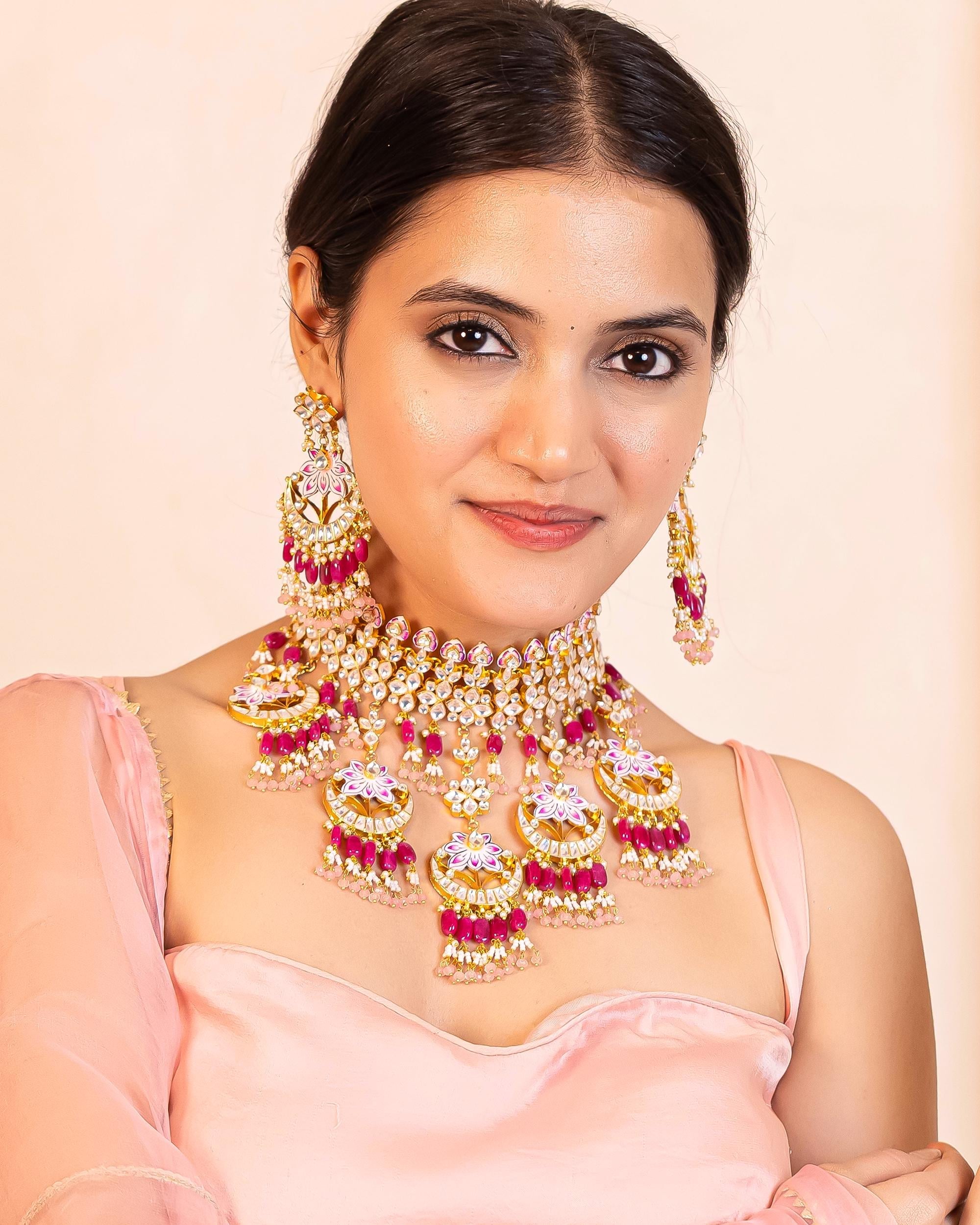 Hand-Painted Meenakari Lotus Kundan Choker Set | Ruby Pink Bridal Statement Jewelry