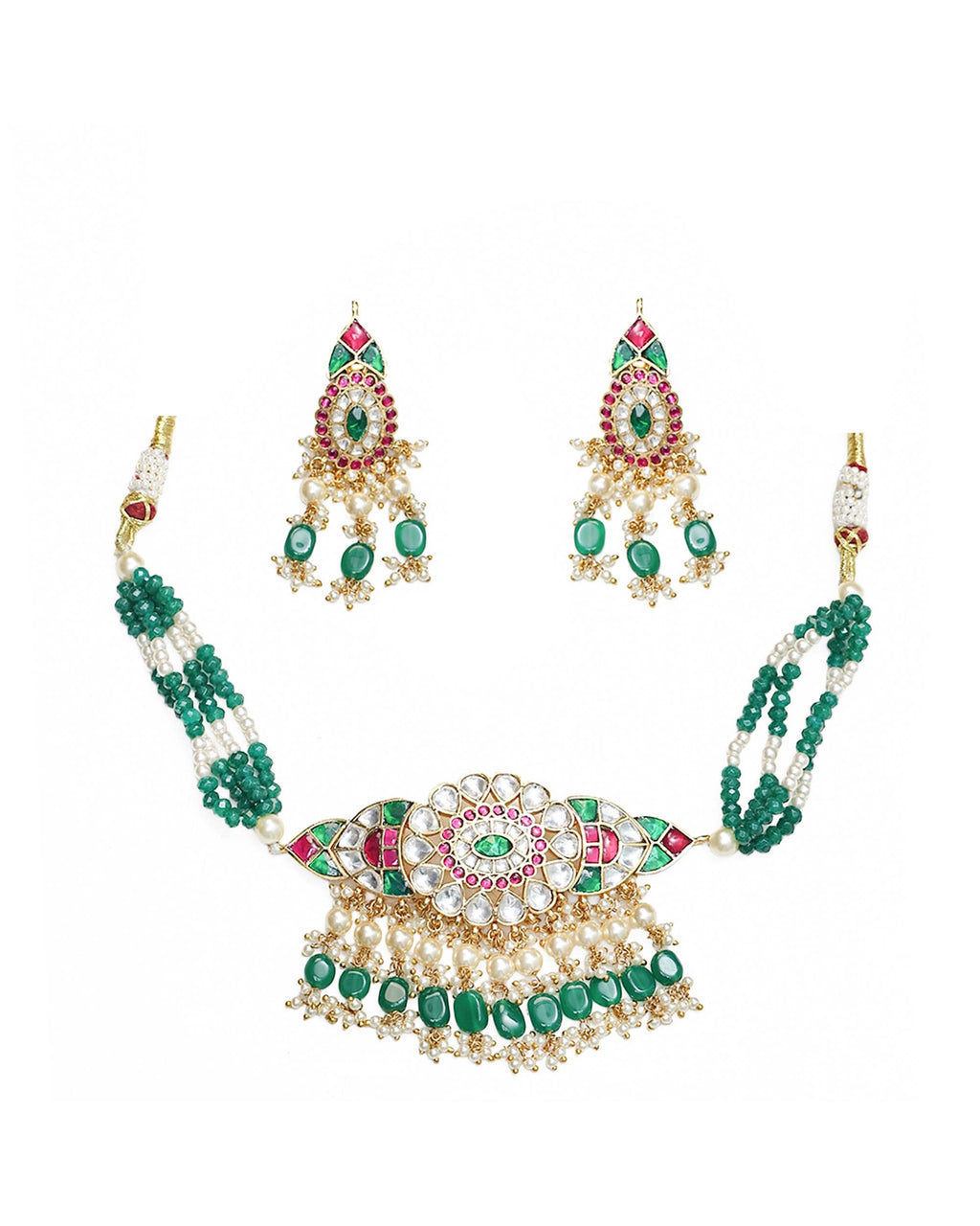 Navratna Kundan Choker Necklace Set | Emerald Ruby Floral Meenakari Bridal Jewelry