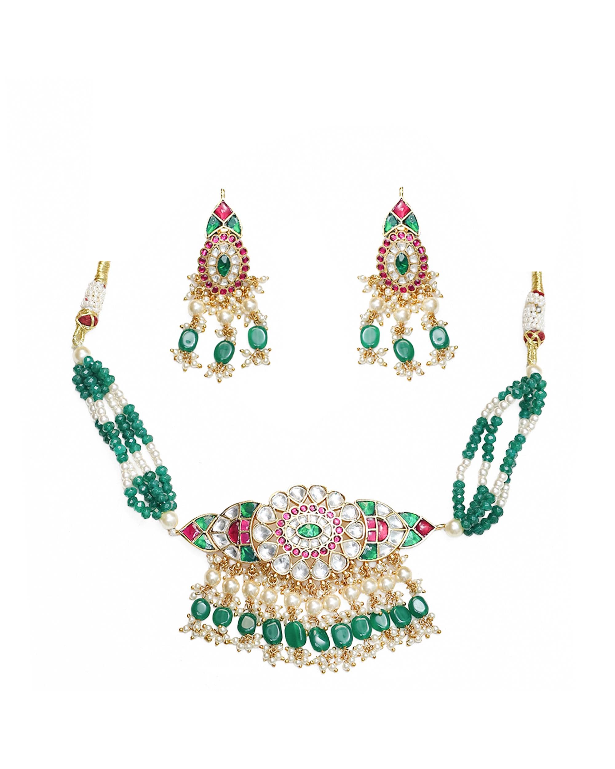 Navratna Kundan Choker Necklace Set | Emerald Ruby Floral Meenakari Bridal Jewelry