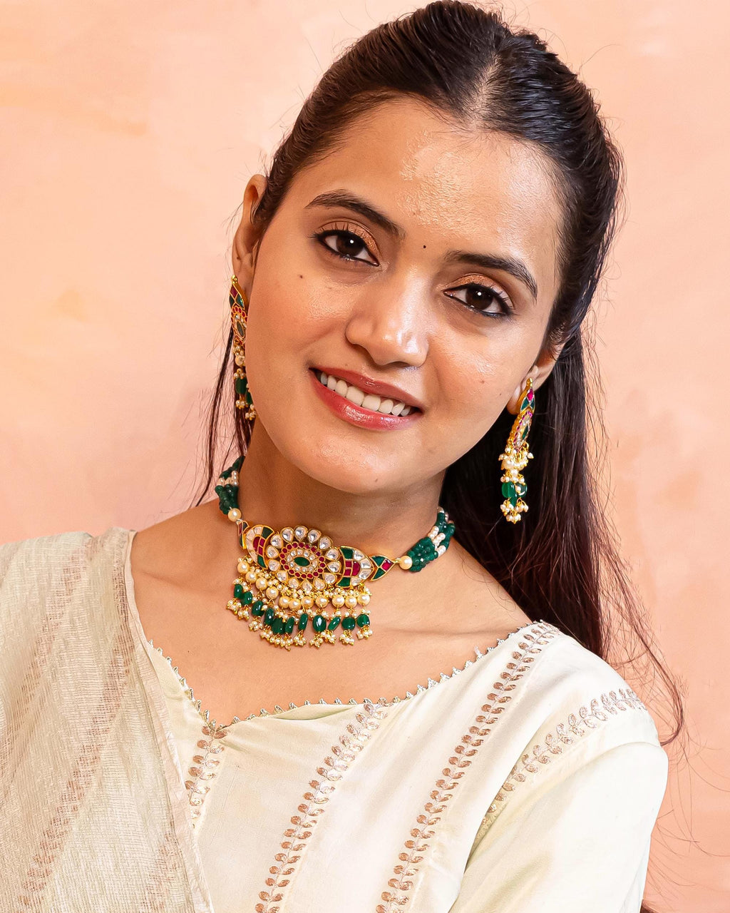 Navratna Kundan Choker Necklace Set | Emerald Ruby Floral Meenakari Bridal Jewelry