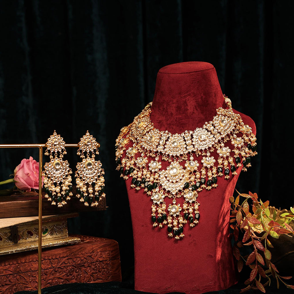 Bridal Kundan Choker Bib Necklace Set | Emerald Green Pearl Statement Jewelry