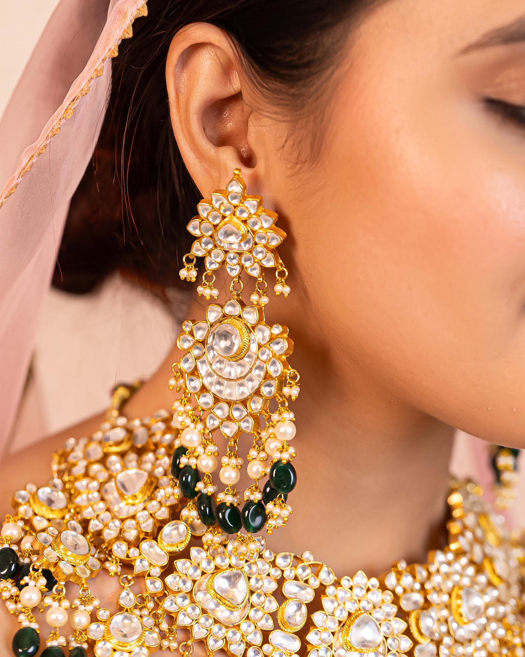 Bridal Kundan Choker Bib Necklace Set | Emerald Green Pearl Statement Jewelry
