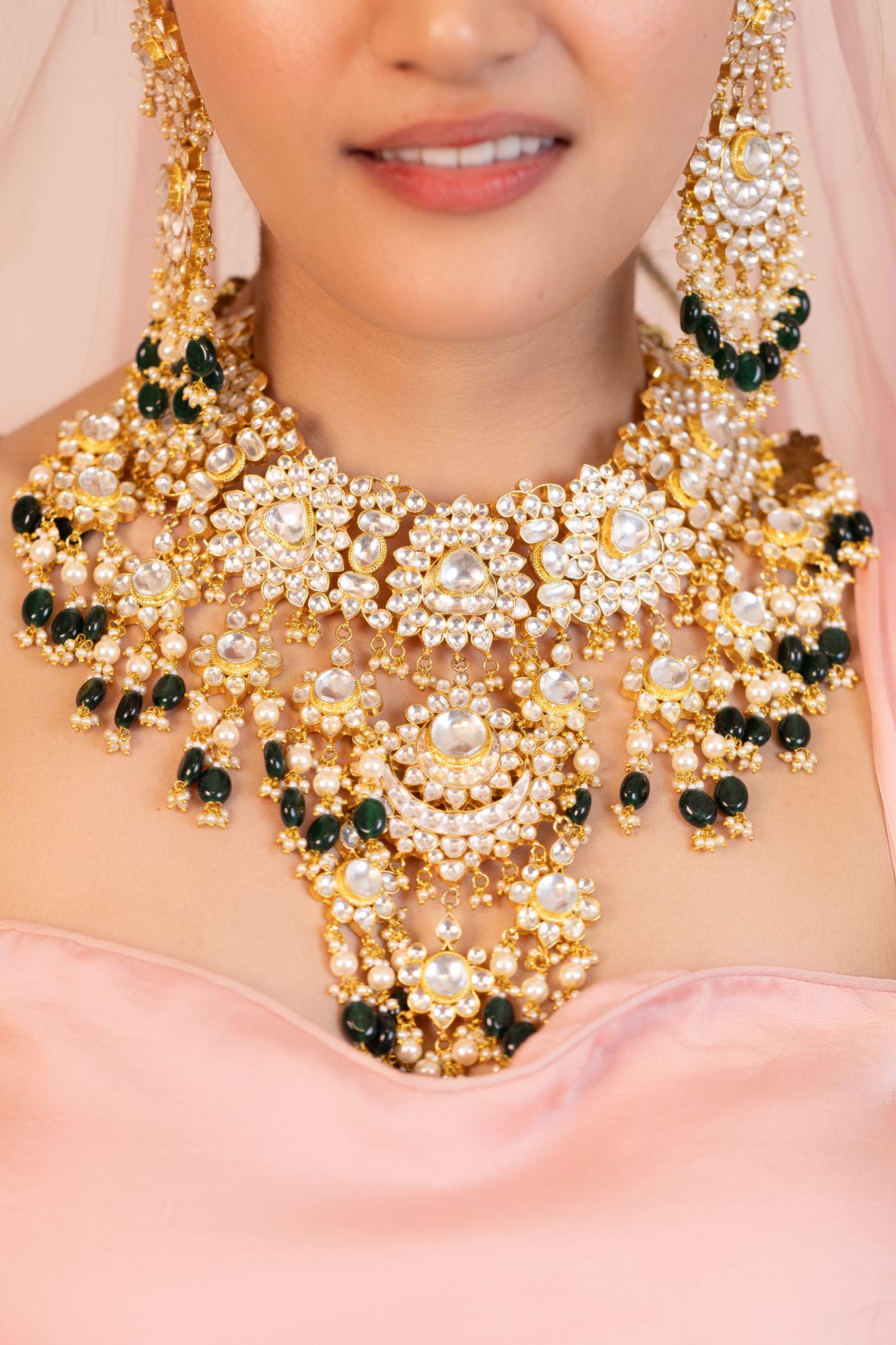 Bridal Kundan Choker Bib Necklace Set | Emerald Green Pearl Statement Jewelry