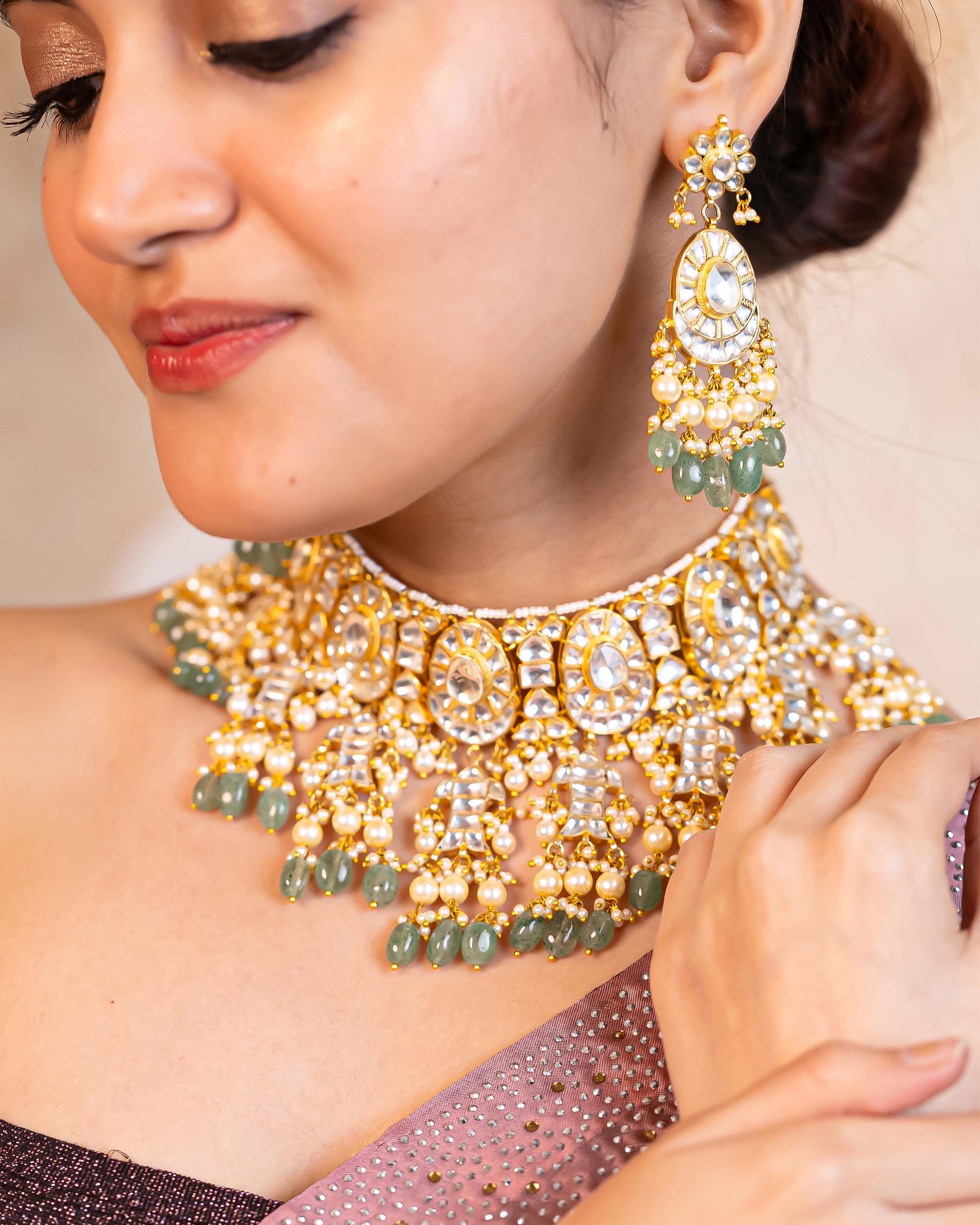 Mughal-Inspired Kundan Choker Necklace Set | Mint Green Pearl Bridal Statement Jewelry