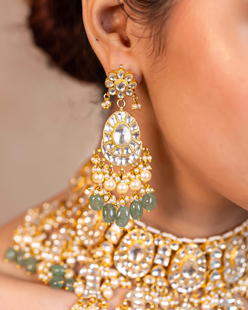 Mughal-Inspired Kundan Choker Necklace Set | Mint Green Pearl Bridal Statement Jewelry
