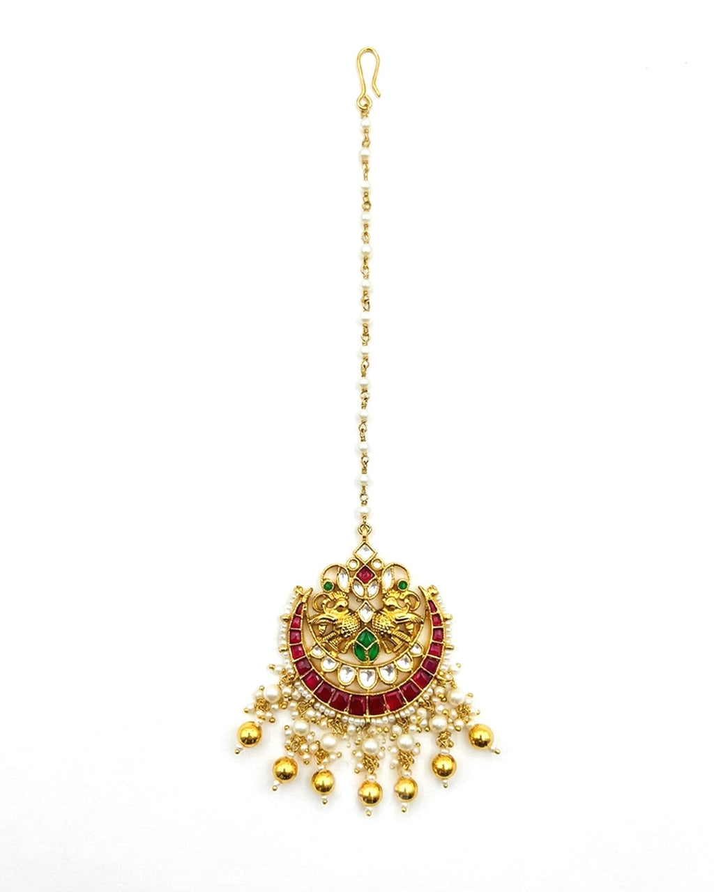 Traditional Kundan Mang Tikka | Peacock Ruby Red Emerald Pearl Gold Bridal Headpiece