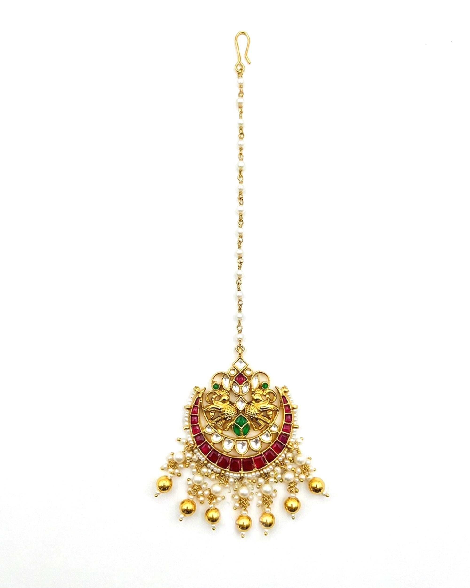 Traditional Kundan Mang Tikka | Peacock Ruby Red Emerald Pearl Gold Bridal Headpiece