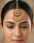 Traditional Kundan Mang Tikka | Peacock Ruby Red Emerald Pearl Gold Bridal Headpiece