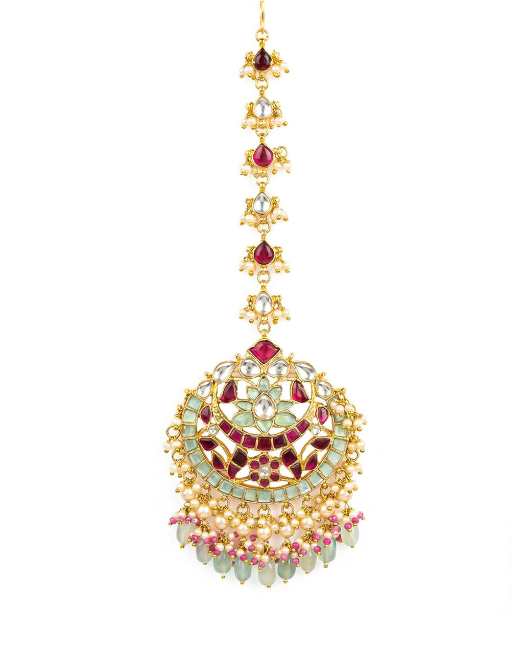 Handcrafted Kundan Mang Tikka | Ruby Red, Mint Green Bridal Headpiece, Pearl Drops