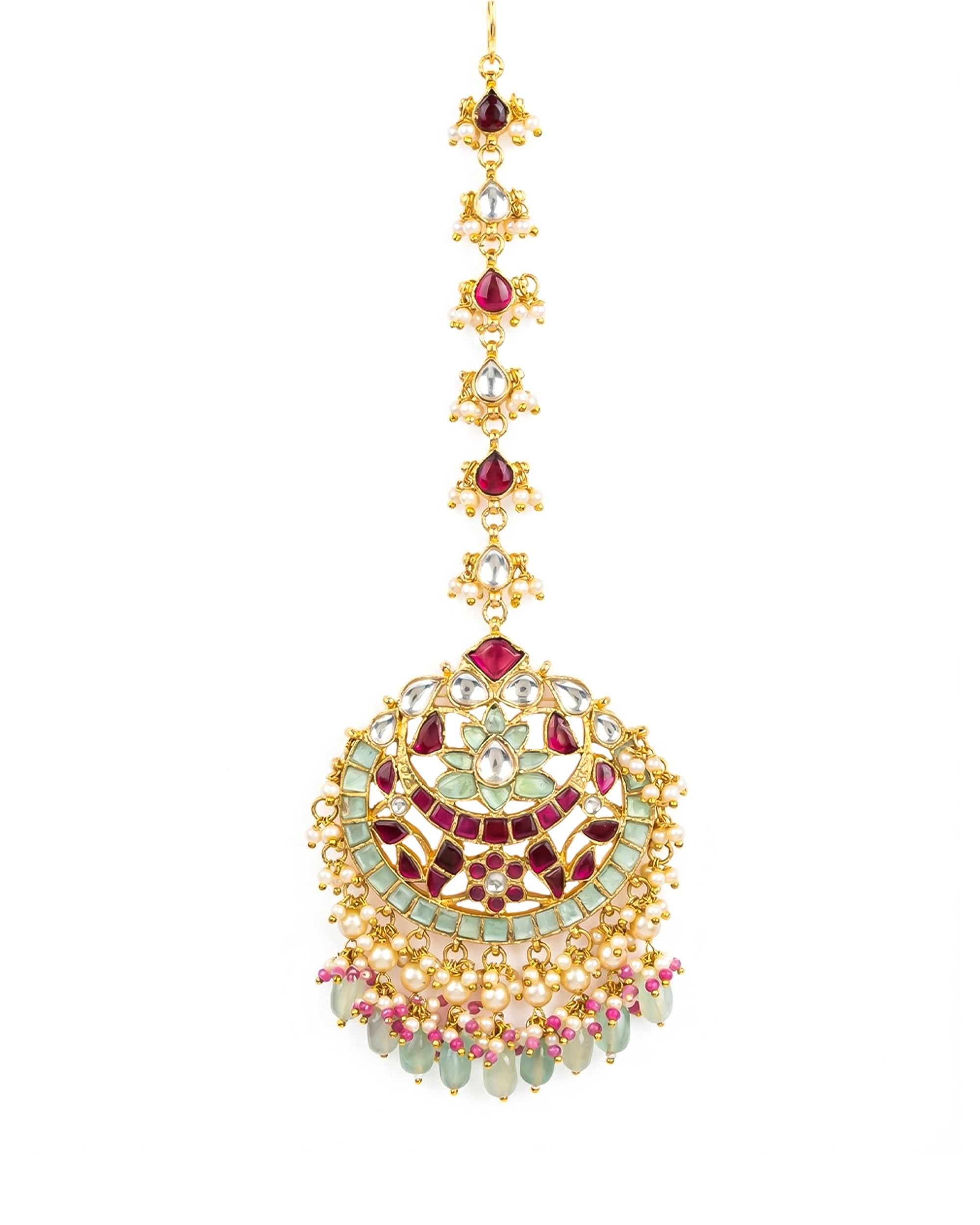 Handcrafted Kundan Mang Tikka | Ruby Red, Mint Green Bridal Headpiece, Pearl Drops
