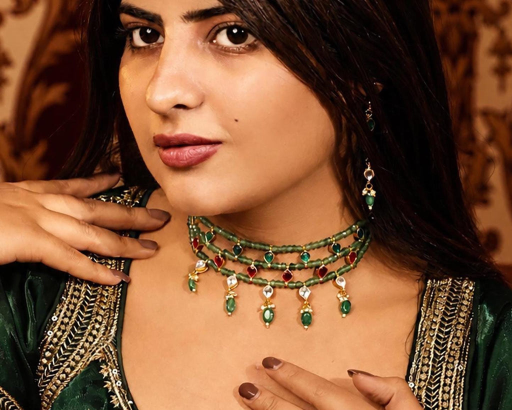 Handmade Green Bead Kundan Choker Necklace Set with Dangle Earrings  Indian Bridal Jewelry